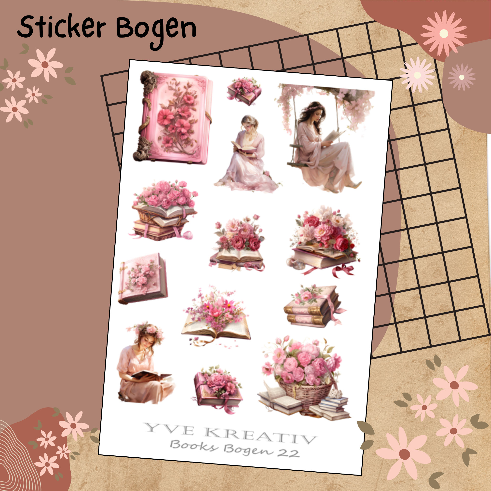 Sticker Bücher romantische Aufkleber rosa  13 Sticker Set Stickerbogen  -  Weiß - Transparent - Matt - Glanz  #SBA6