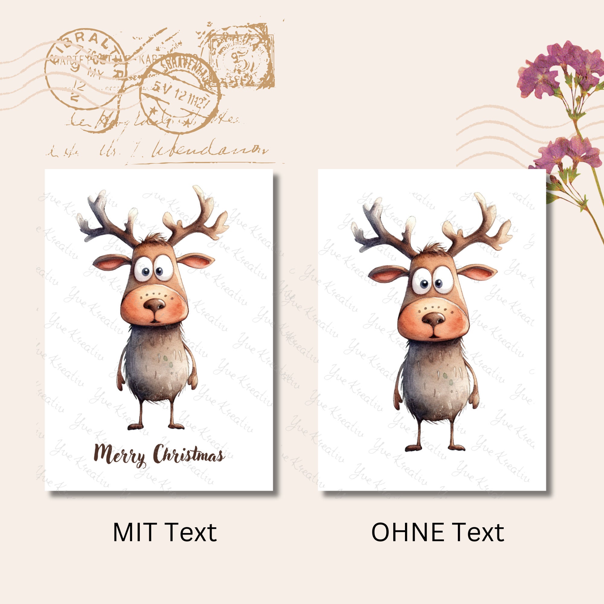 Postkarte, Grußkarte, Weihnachten, Rentier, Weihnachtskarte, Geschenkkarte I MIT oder OHNE Text "Merry Christmas"  #PLS