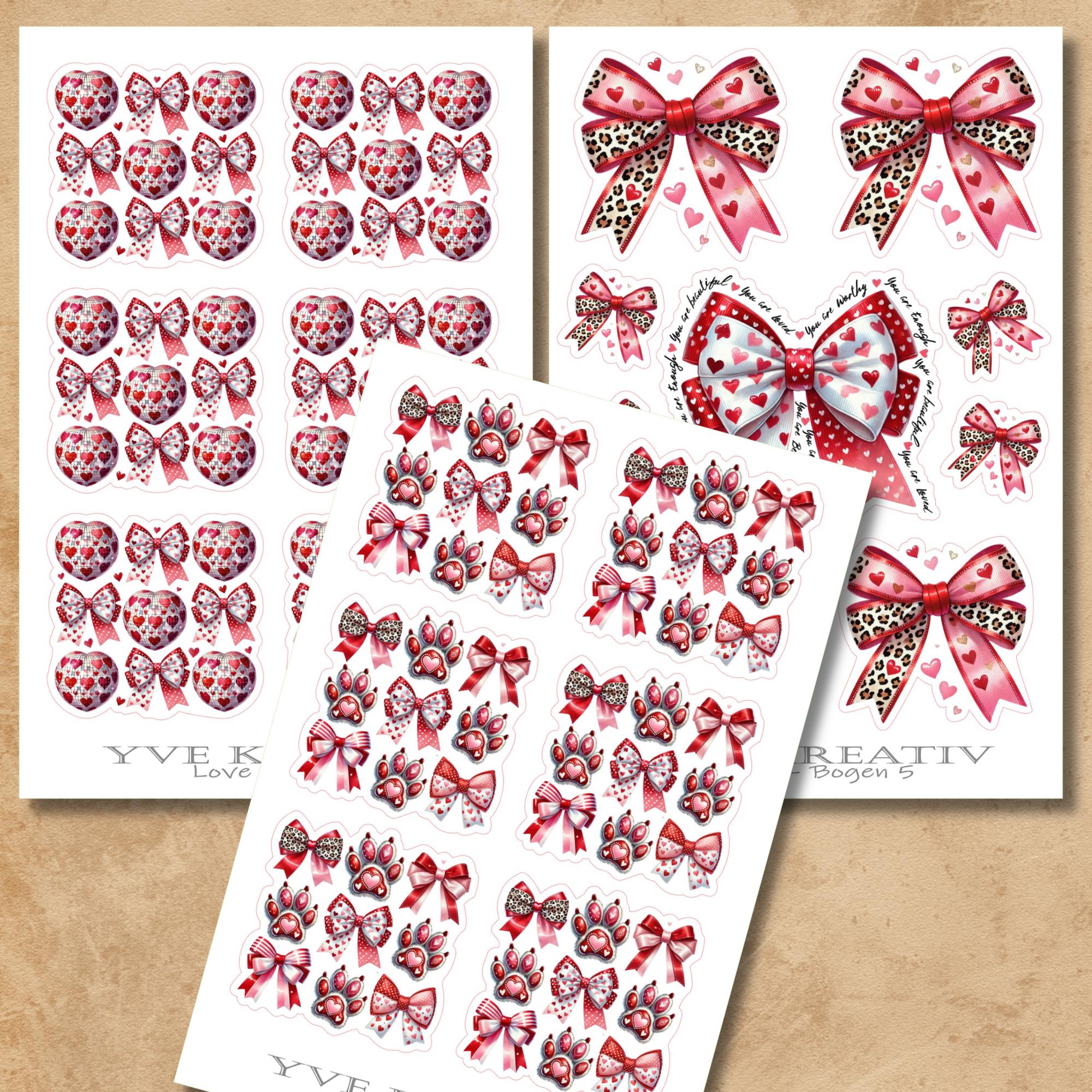 Aufkleber Sticker " Herzen - Pfoten - Schleifen " | Sticker Set - 3 Stickerbogen zur Auswahl in Weiß - Transparent - Matt - Glanz  #SBA6