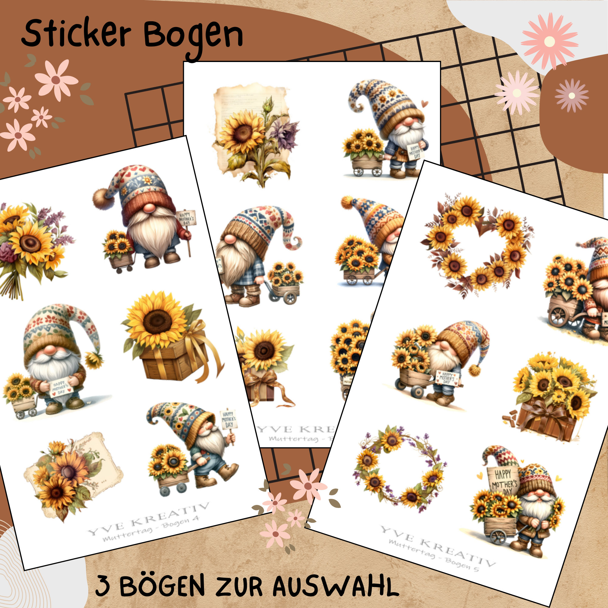 Sticker Bogen "Muttertag Sonnenblumen Wichtel" | Sticker Set - Aufkleber 3 Stickerbogen zur Auswahl in Weiß - Transparent - Matt - Glanz