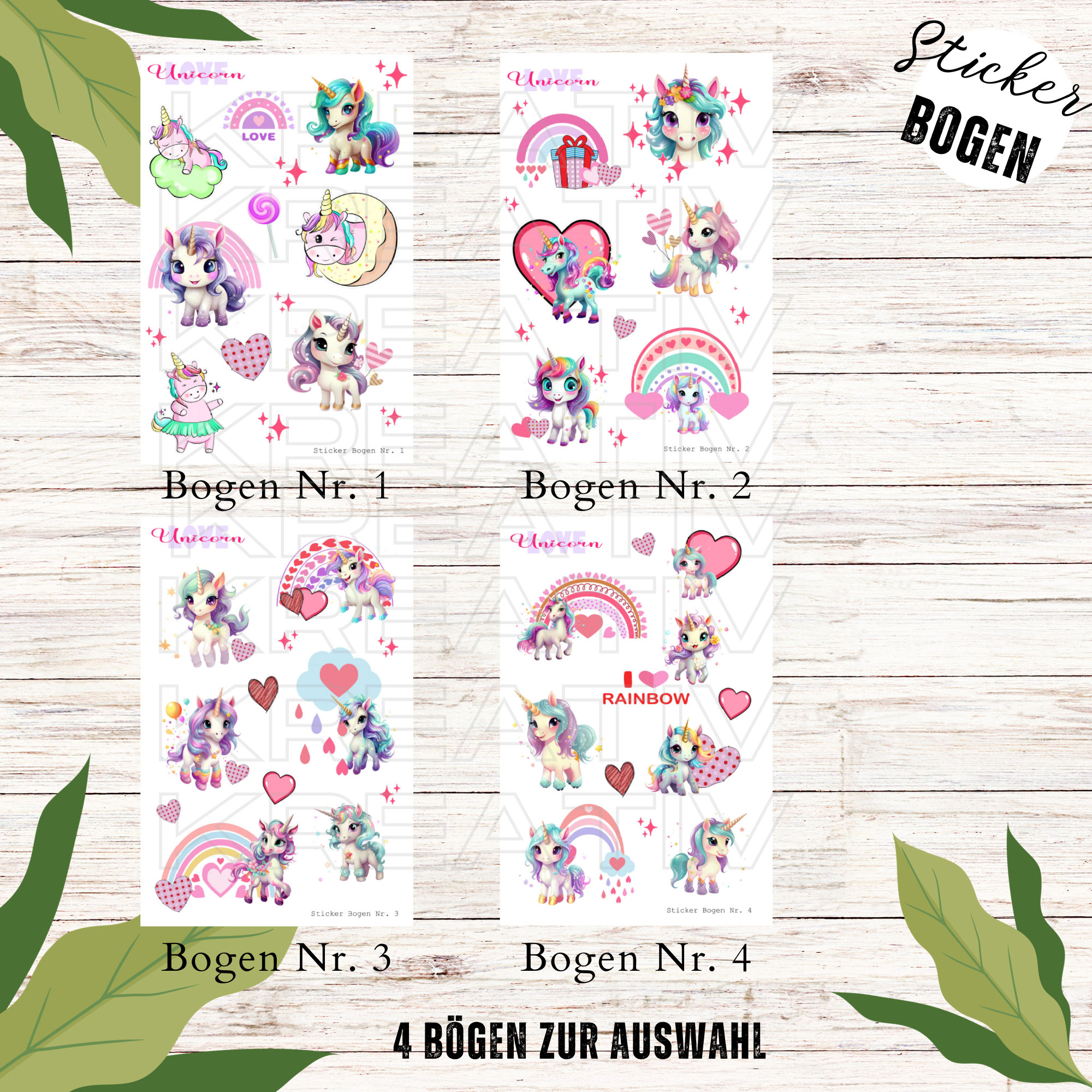Sticker Bogen - Unicorn Love | Sticker Set - Journal Sticker - Aufkleber 4 Bögen zur Auswahl in Weiß oder Transparent