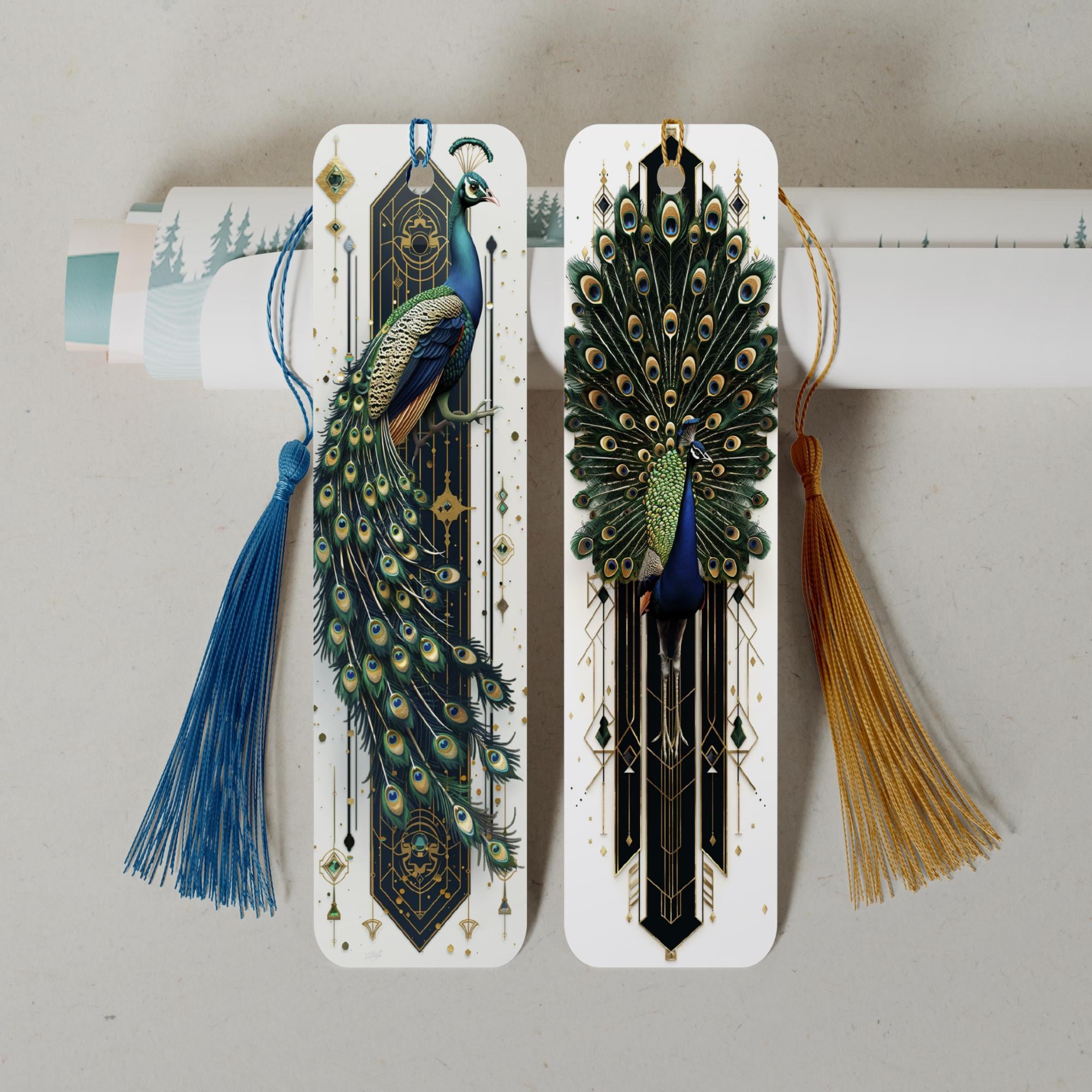 Lesezeichen aus Aluminium Geschenk zum Geburtstag Buchgeschenk "Motiv Pfau Art Deco Stil" Bookmark - 2 Motive zur Auswahl  #LEALU