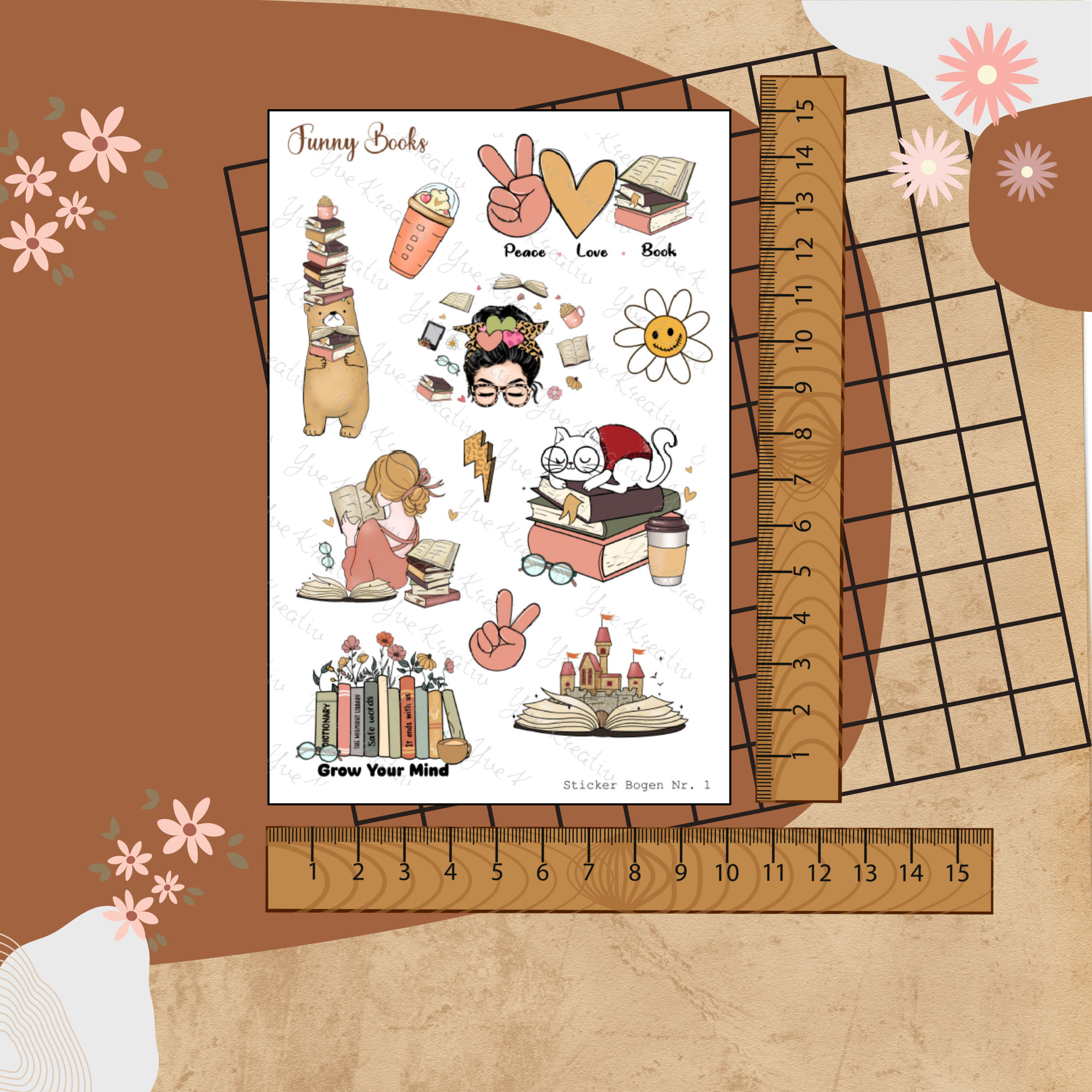 Stickerbogen " Funny Books - Bücher Lesen " | Sticker Set - Aufkleber 3 Stickerbogen zur Auswahl in Weiß - Transparent - Matt - Glanz  #SBA6