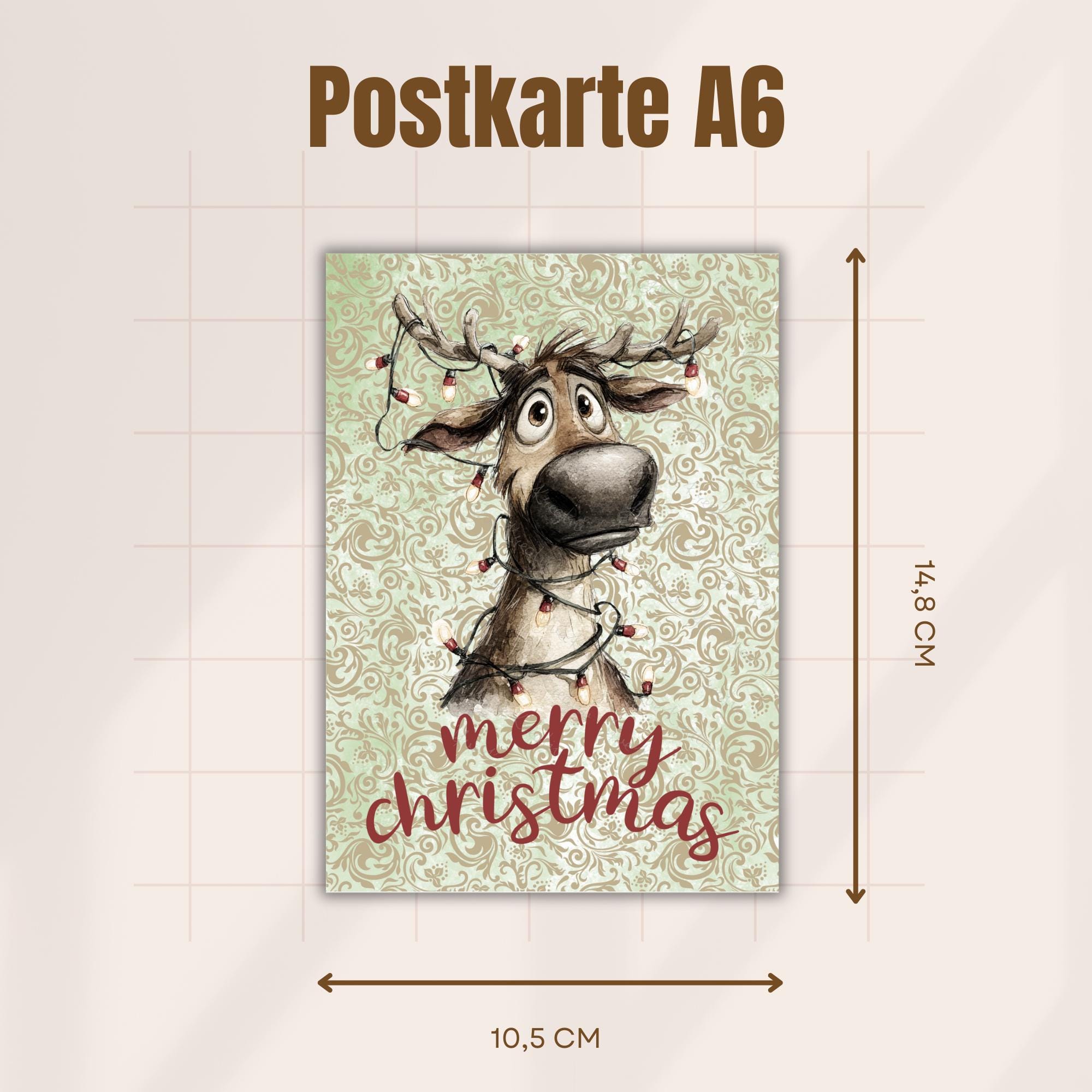 Postkarte Lustiges Rentier Grußkarte Karte zu Weihnachten Wintergrußkarte Weihnachtskarte Geschenkkarte Hochglanz Karte A6 #PWE202