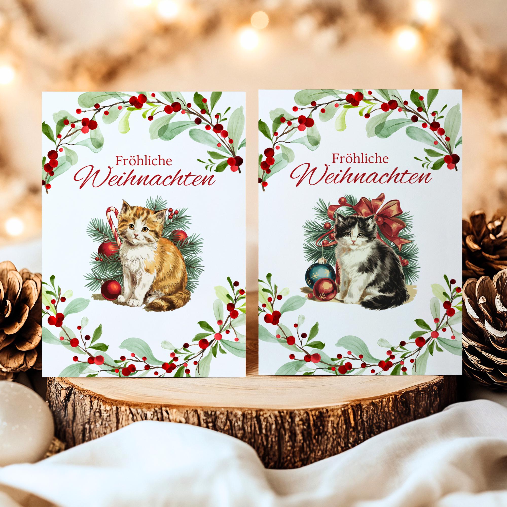 Weihnachtskarte Katze, 2 Kartenmotive zur Auswahl, Postkarte, Geschenkkarte, Weihnachtsgruß, Grußkarte Weihnachten  #PLS