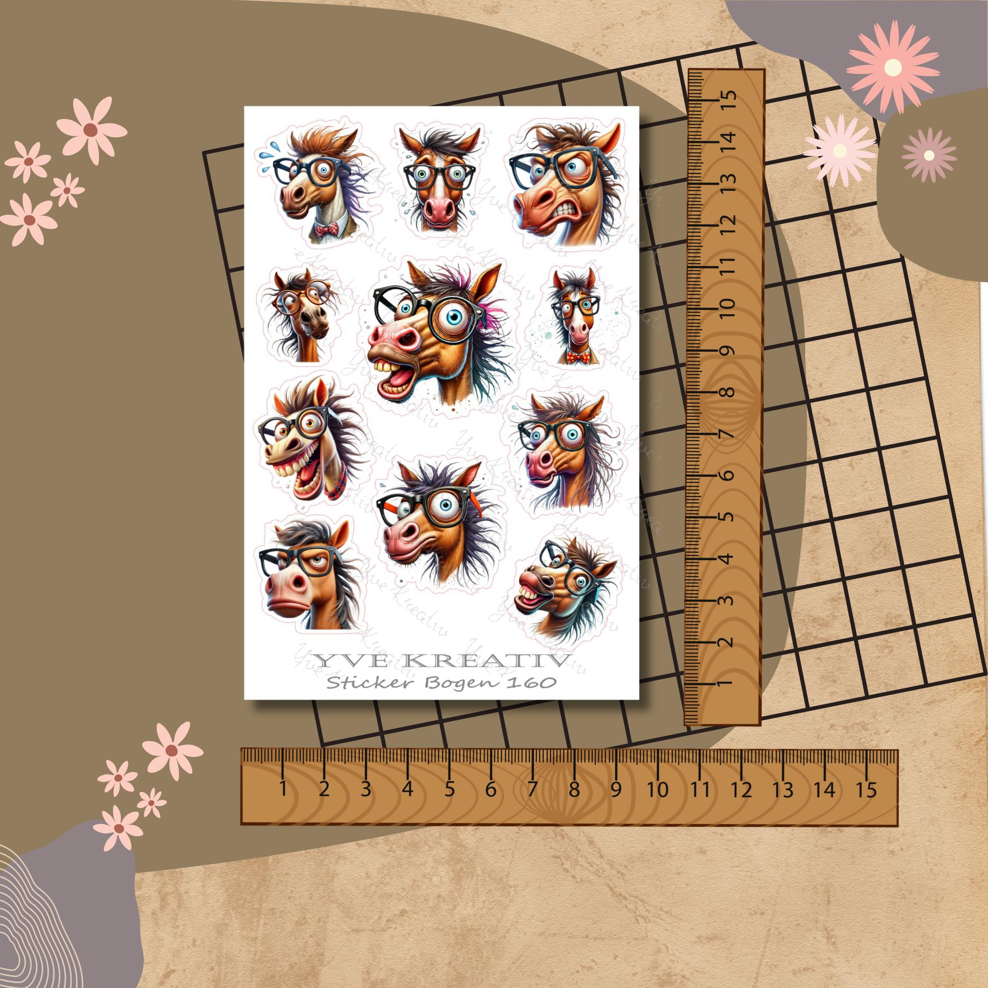 Aufkleber, Sticker Bogen, Lustige Pferde, Funny Animal | Sticker Set - 3 Stickerbogen zur Auswahl in Weiß - Transparent - Matt - Glanz #SBA6