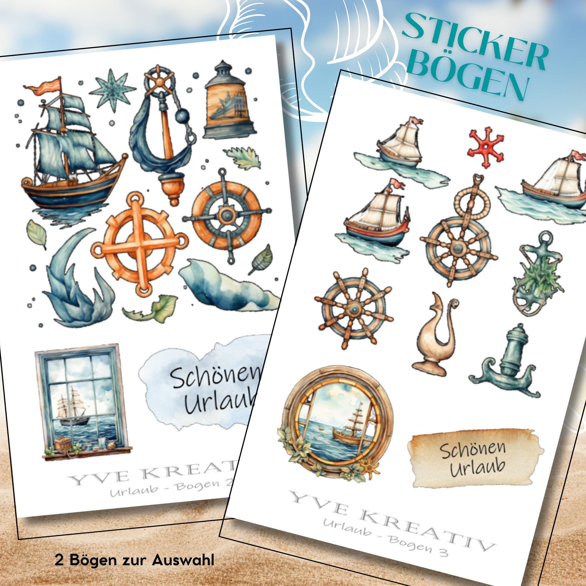 Sticker Bogen " Maritim Meer Urlaub Reisen " | Set - Aufkleber 2 Stickerbögen zur Auswahl in Weiß - Transparent - Matt - Glanz  #SBA6