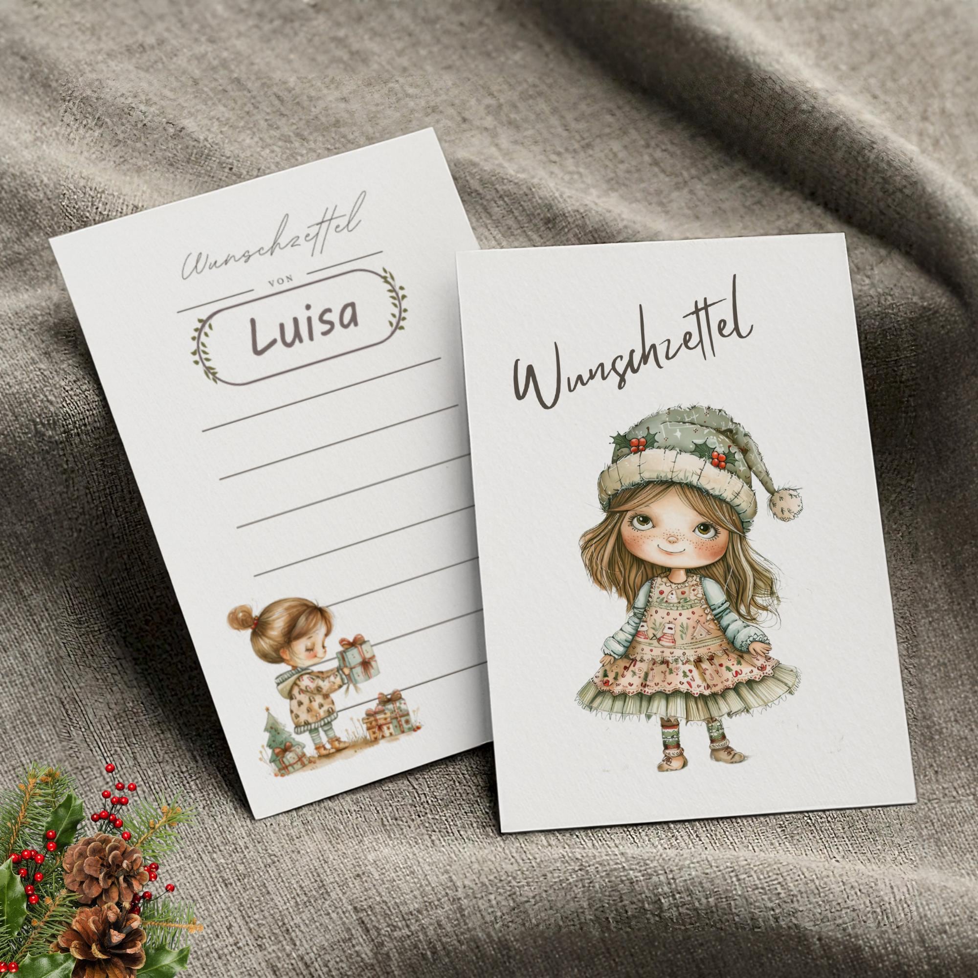 Wunschzettel Postkarte personalisiert mit Namen, Karte zu Weihnachten Wunschliste auf DIN A6 Karton mit Leinenstruktur  #WZLS