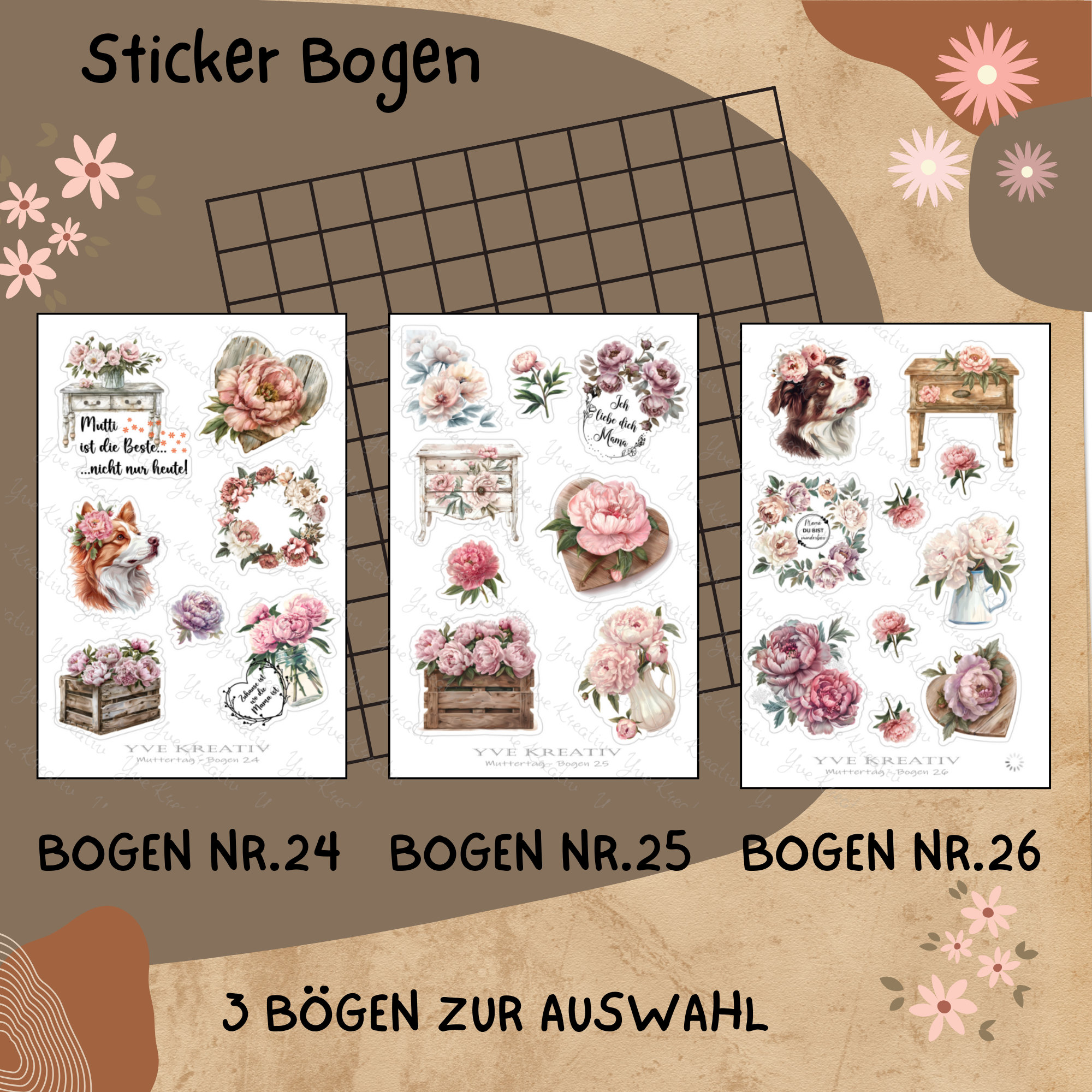 Sticker Bogen " Muttertag Nostalgie Pfingstrose " | Sticker Set - Aufkleber 3 Stickerbogen zur Auswahl in Weiß - Transparent - Matt - Glanz