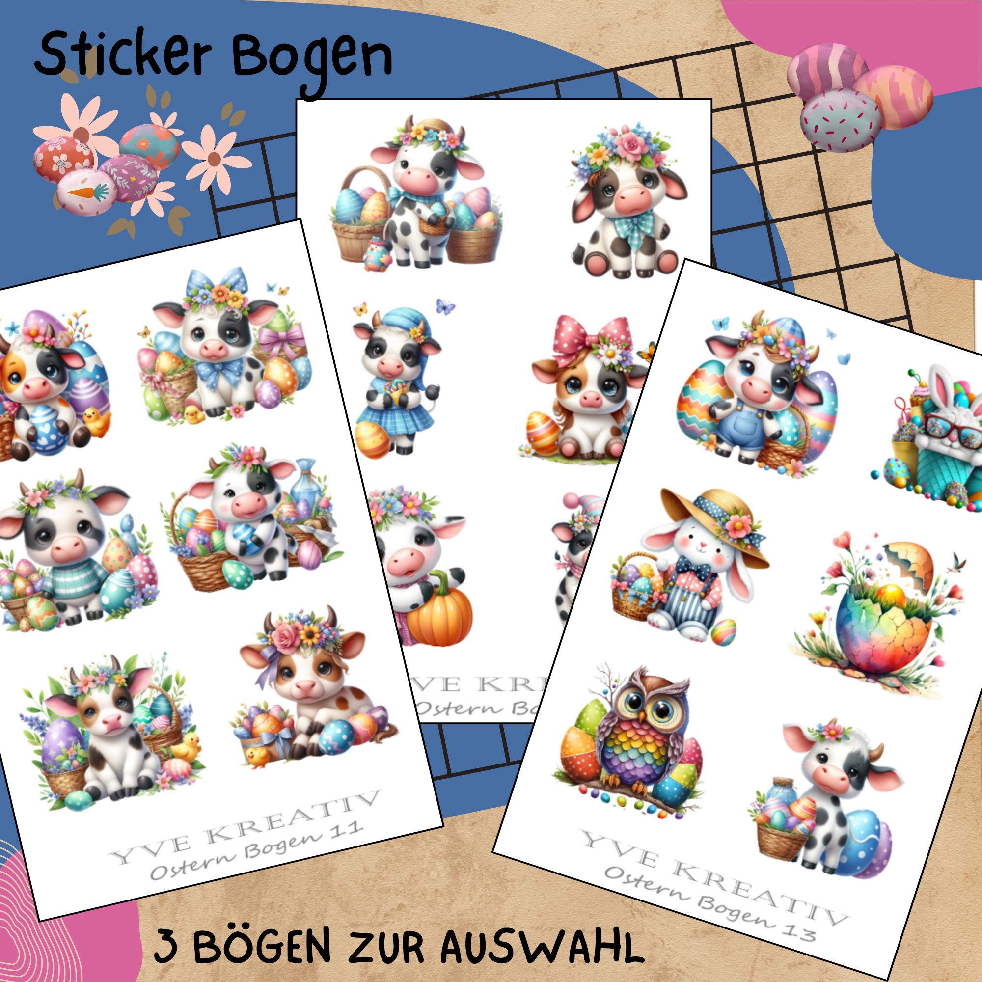 Sticker Bogen " Ostern - Kuh, Eule, Hase" | Sticker Set - Aufkleber 3 Stickerbogen zur Auswahl in Weiß - Transparent - Matt - Glanz #SBA6