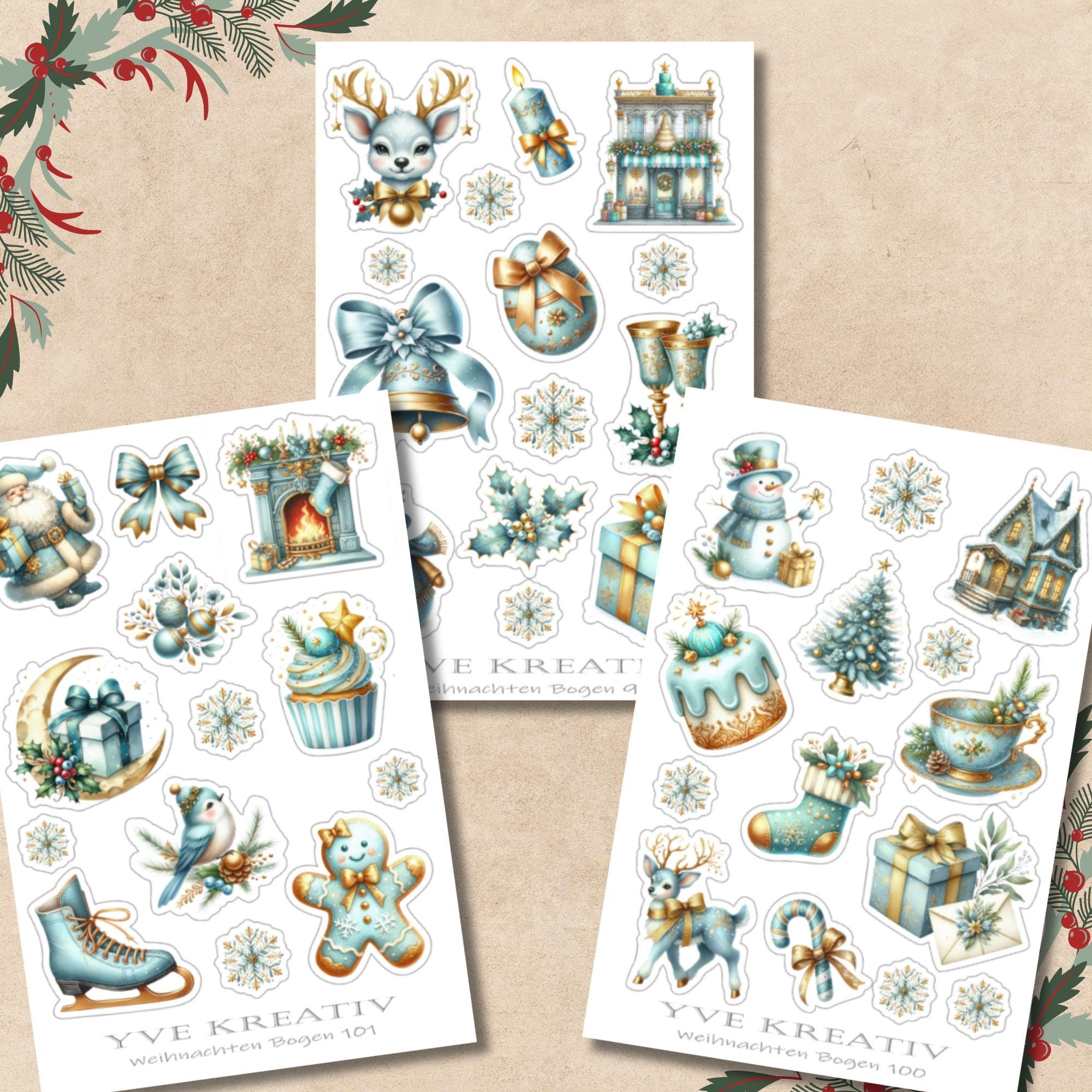 Aufkleber Weihnachtssticker Bogen "Weihnachten Türkis" | Sticker Set -3 Stickerbogen zur Auswahl in Weiß - Transparent - Matt - Glanz  #SBA6