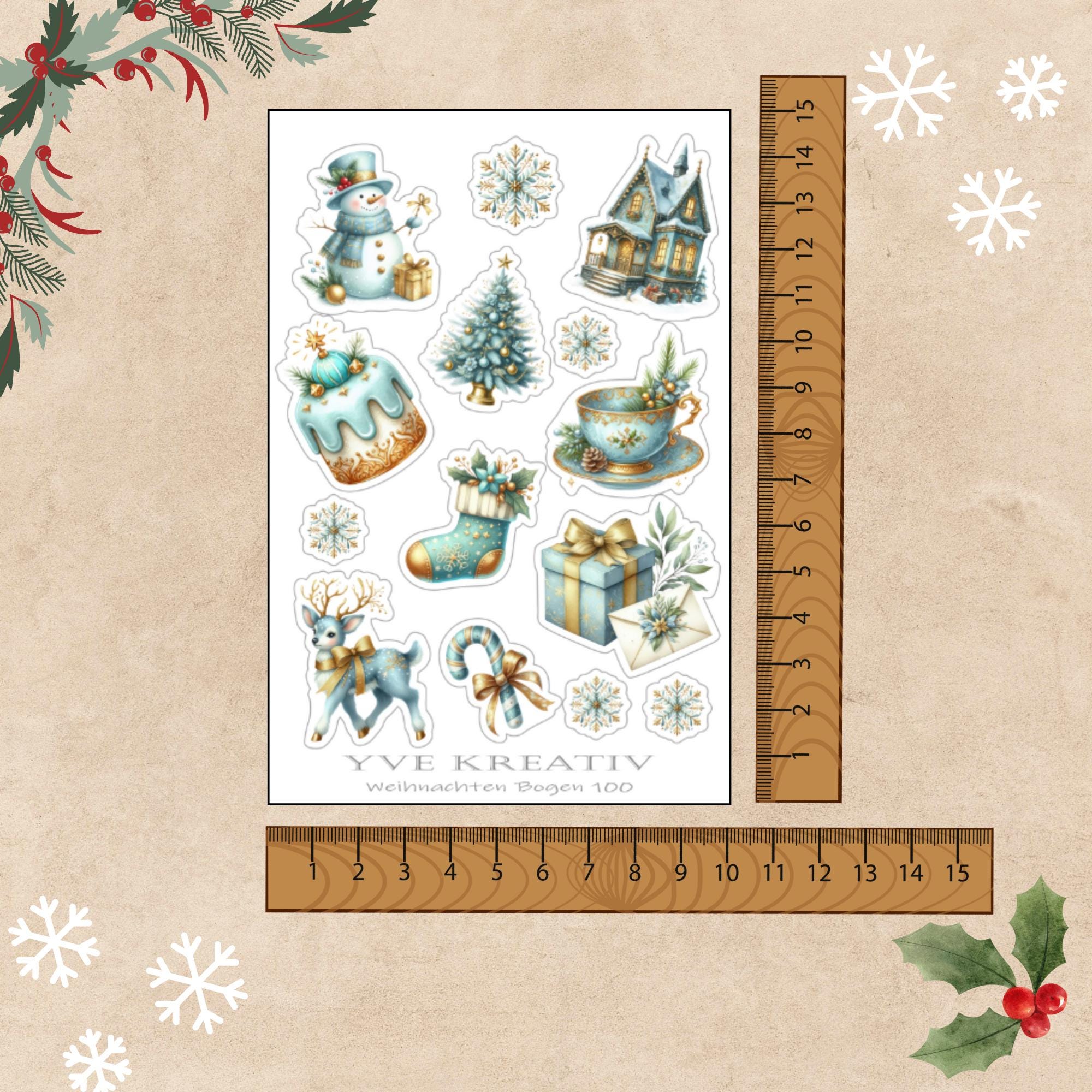 Aufkleber Weihnachtssticker Bogen "Weihnachten Türkis" | Sticker Set -3 Stickerbogen zur Auswahl in Weiß - Transparent - Matt - Glanz  #SBA6