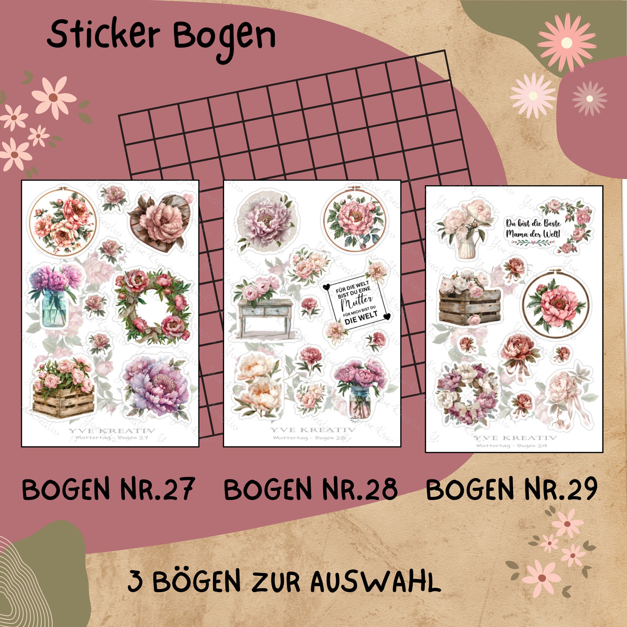 Sticker Bogen " Muttertag Nostalgie Pfingstrose " | Sticker Set - Aufkleber 3 Stickerbogen zur Auswahl in Weiß - Transparent - Matt - Glanz
