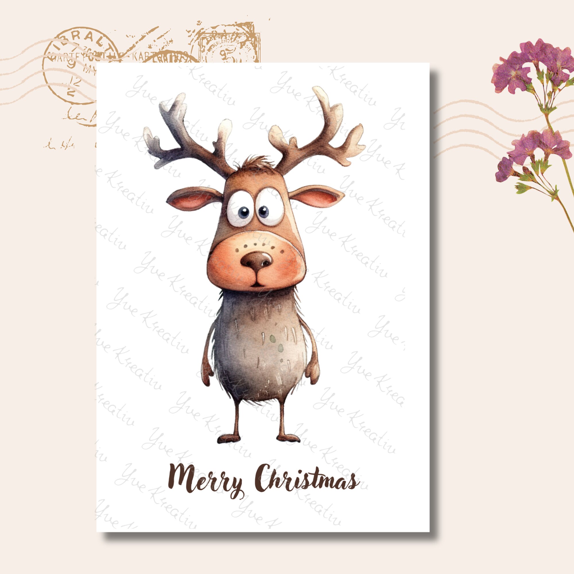 Postkarte, Grußkarte, Weihnachten, Rentier, Weihnachtskarte, Geschenkkarte I MIT oder OHNE Text "Merry Christmas"  #PLS