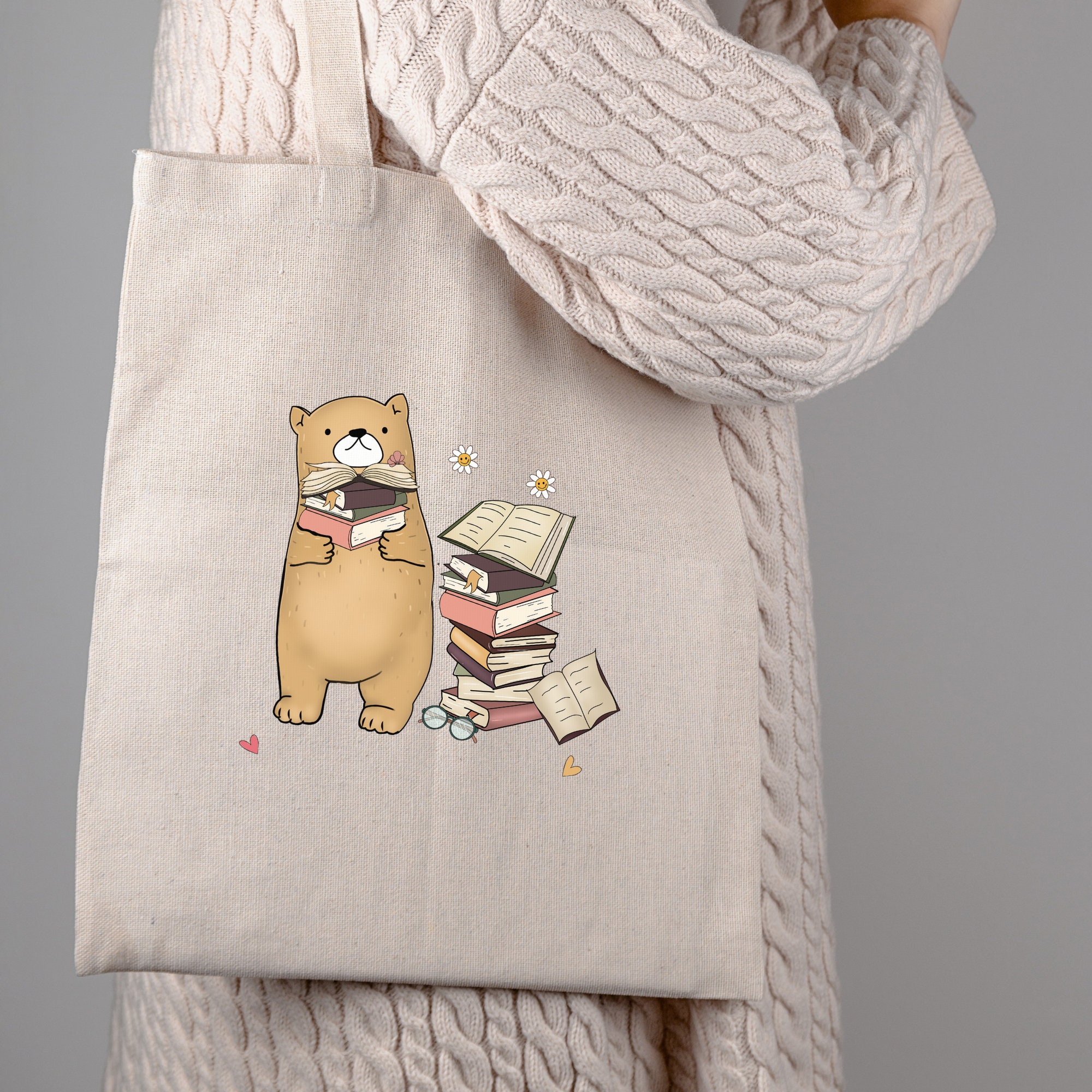Stofftasche Geschenk für Leseratten Stoffbeutel für Mama Büchertasche Tasche Geschenk zum Geburtstag in Weiß oder Beige "Bücher Bär"  #STSUB