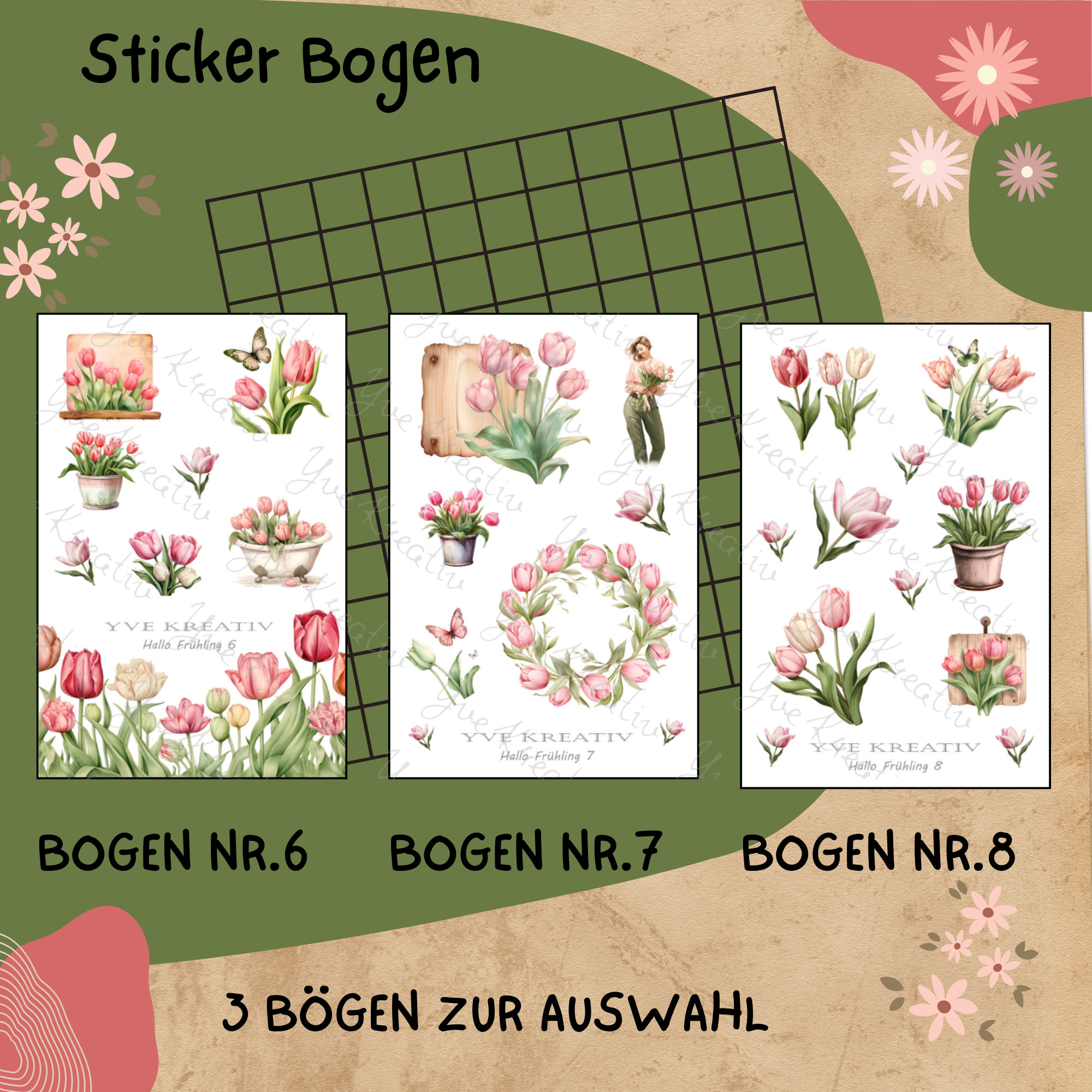 Sticker Bogen " Frühling Tulpen Rosa " | Sticker Set - Aufkleber 3 Stickerbogen zur Auswahl in Weiß - Transparent - Matt - Glanz