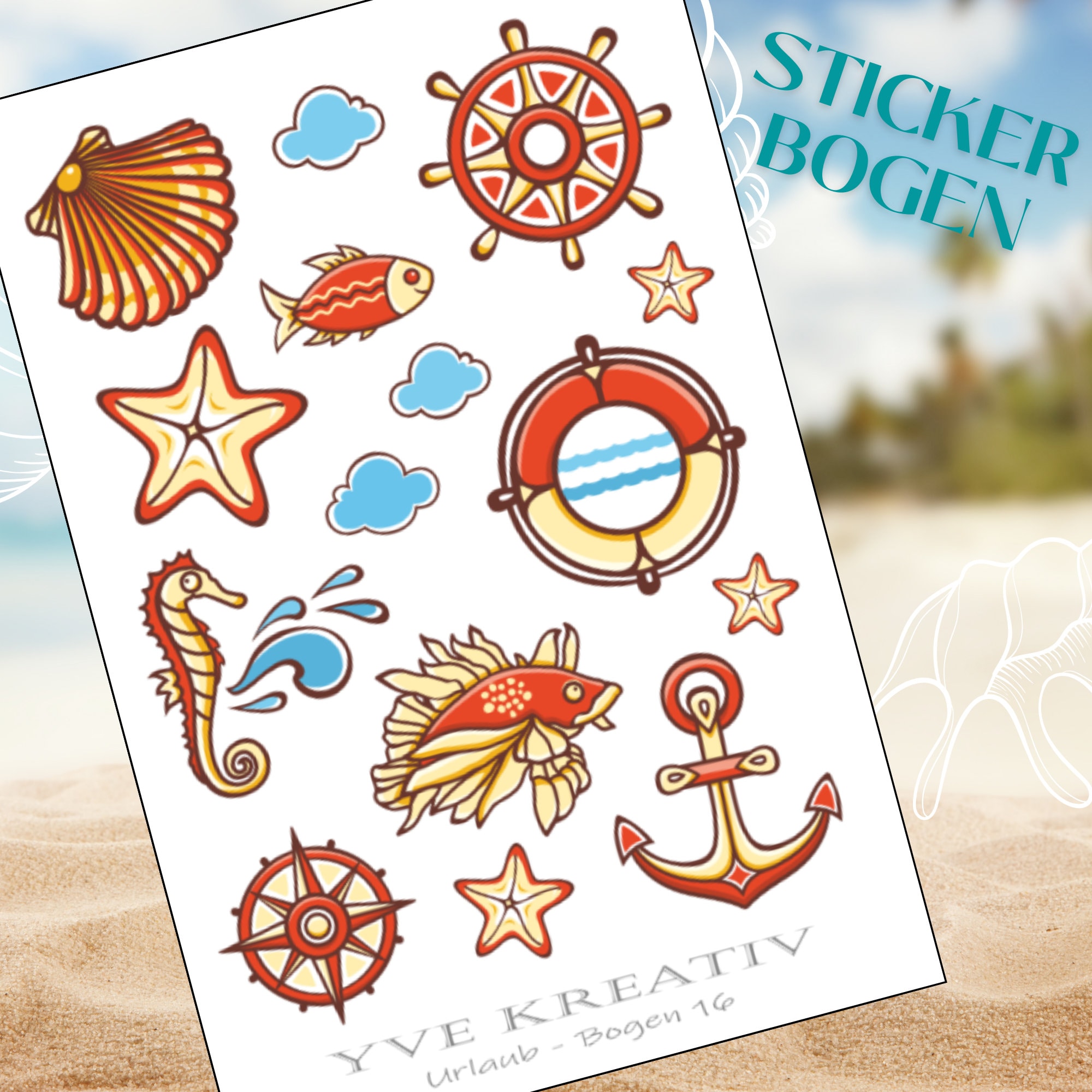 Sticker Bogen " Maritim Urlaub Strand Reise" | 15 Aufkleber Sticker Set  -  Weiß - Transparent - Matt - Glanz Stickerbogen