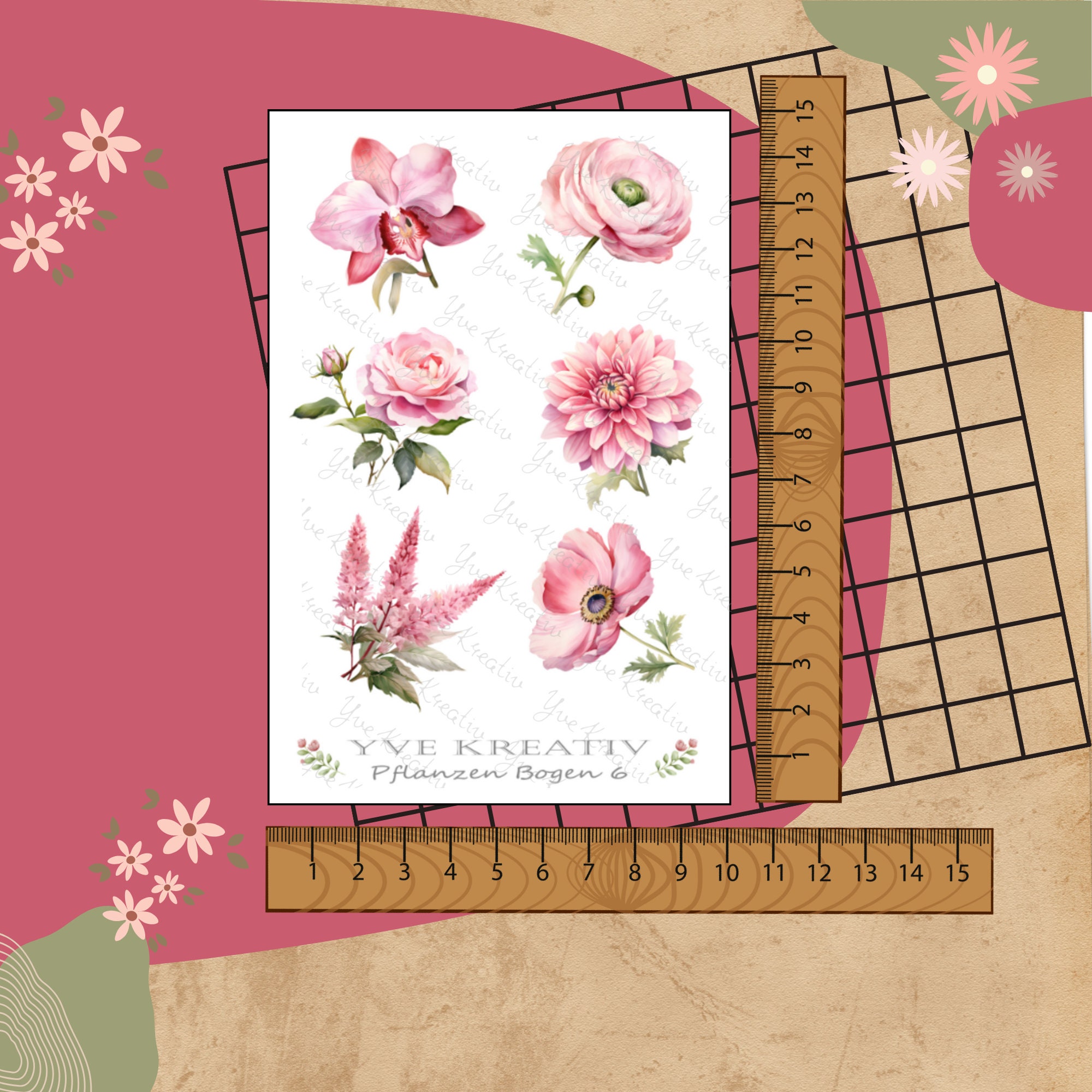 Sticker Bogen "Pflanzen Pflanzenkunde Blumen Rosa" | Set - Aufkleber 2 Stickerbogen zur Auswahl in Weiß - Transparent - Matt - Glanz