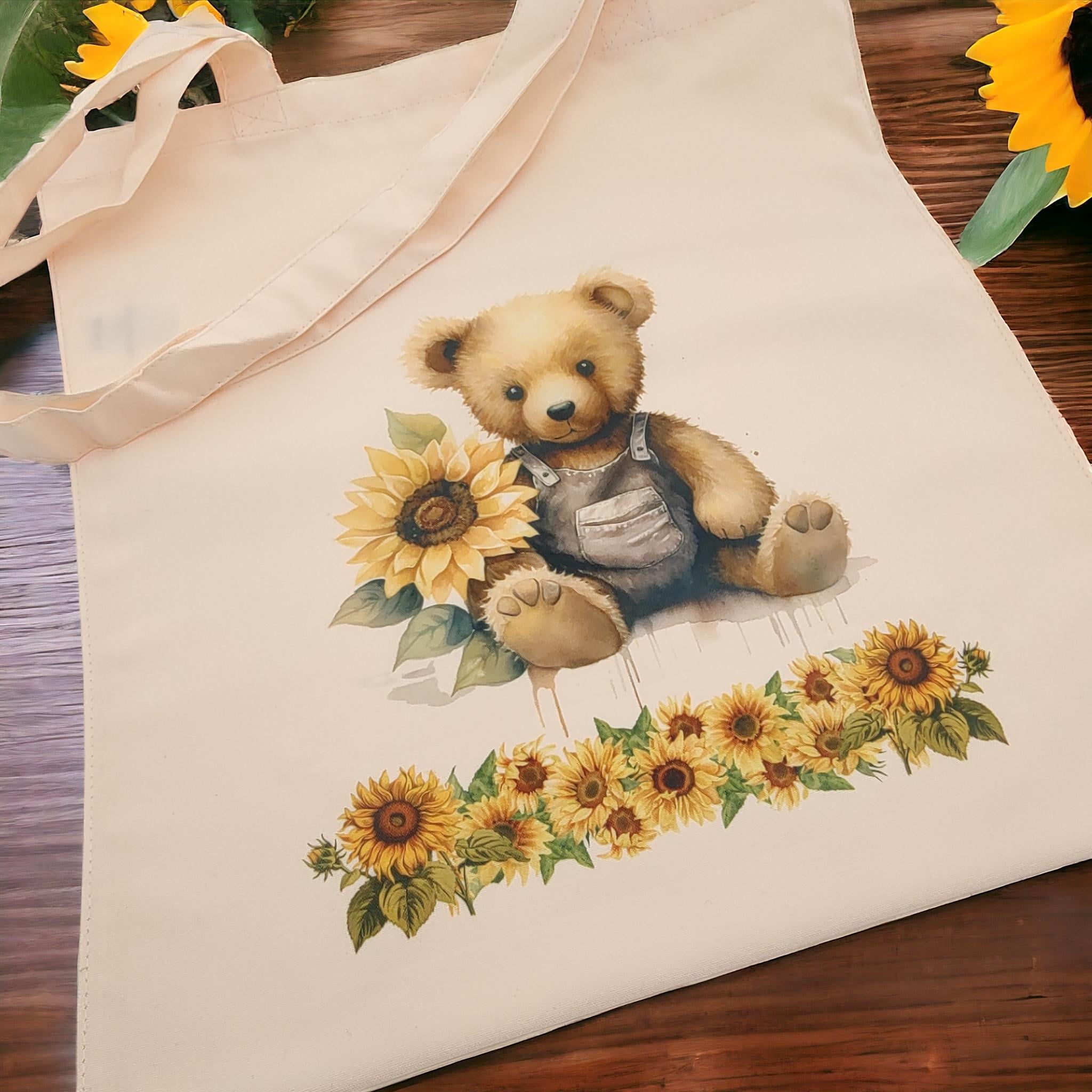 Stofftasche, Stoffbeutel, "Teddy, Bär, Sonnenblume", Einkaufstasche, Tasche, Geschenk zum Geburtstag in Beige  #STSUB