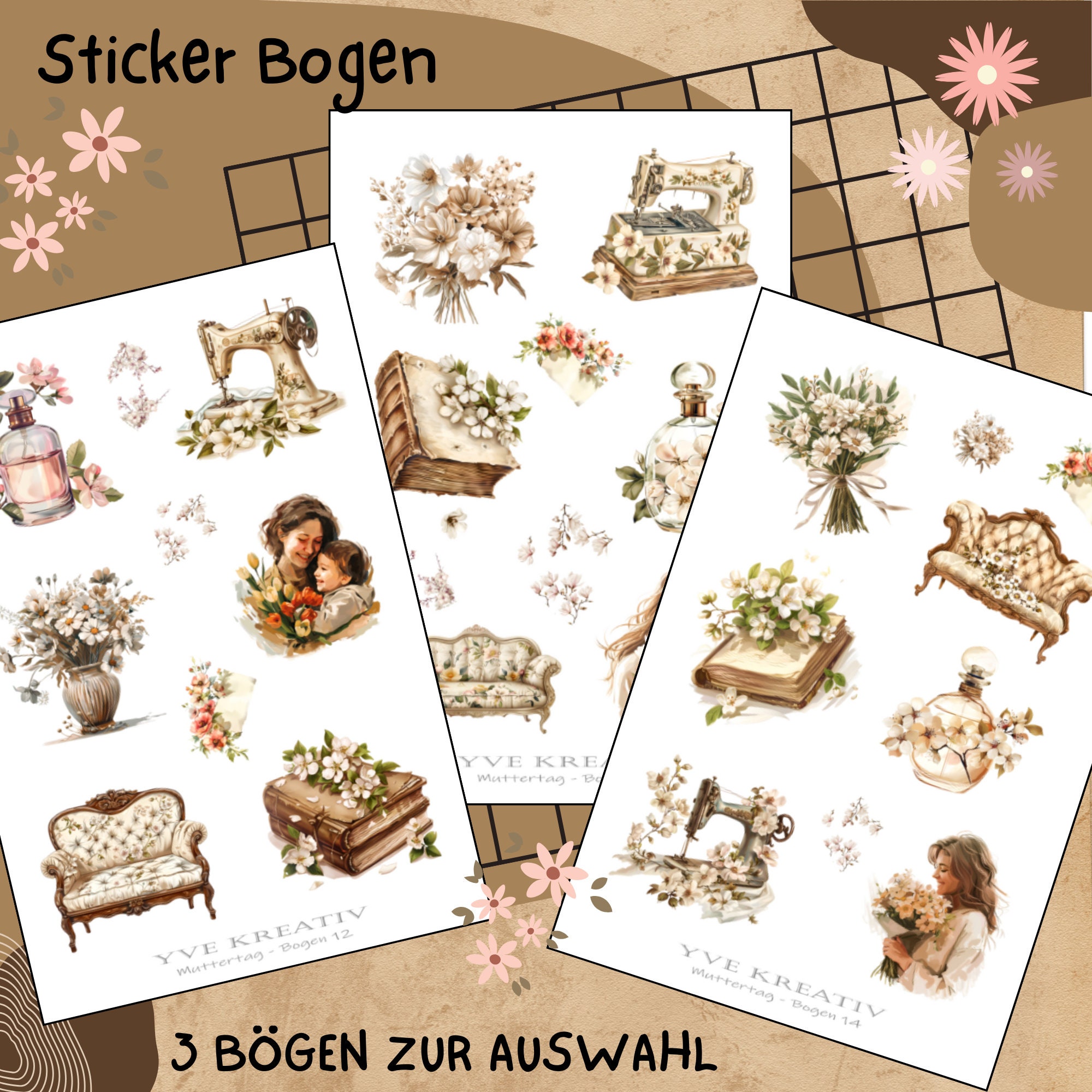 Sticker Bogen " Muttertag Nostalgie Vintage " | Sticker Set - Aufkleber 3 Stickerbogen zur Auswahl in Weiß - Transparent - Matt - Glanz