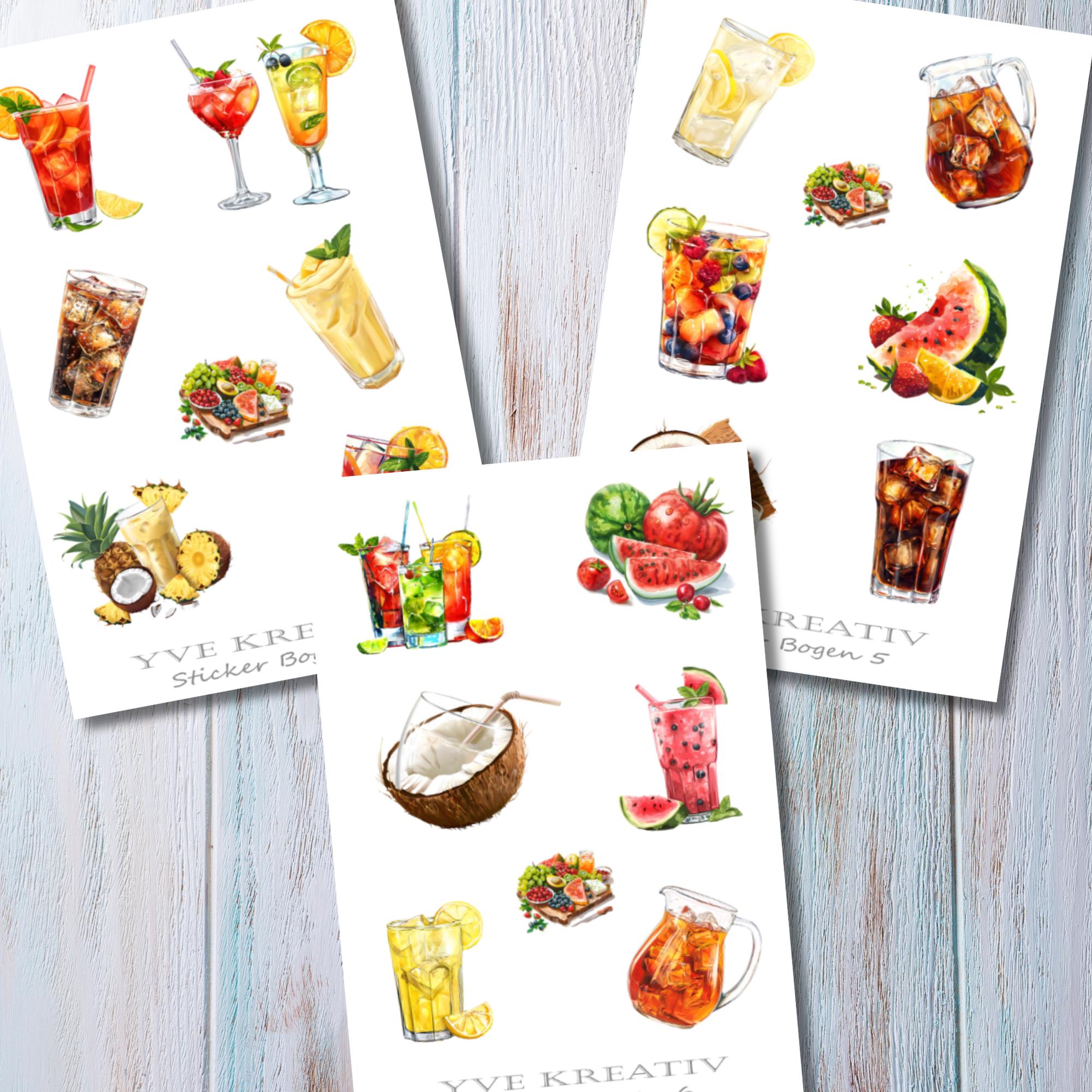 Aufkleber Cocktail Sticker Bogen Sommercocktail Stickerbogen 3 Bögen zur Auswahl in Weiß - Transparent - Matt - Glanz #SBA6