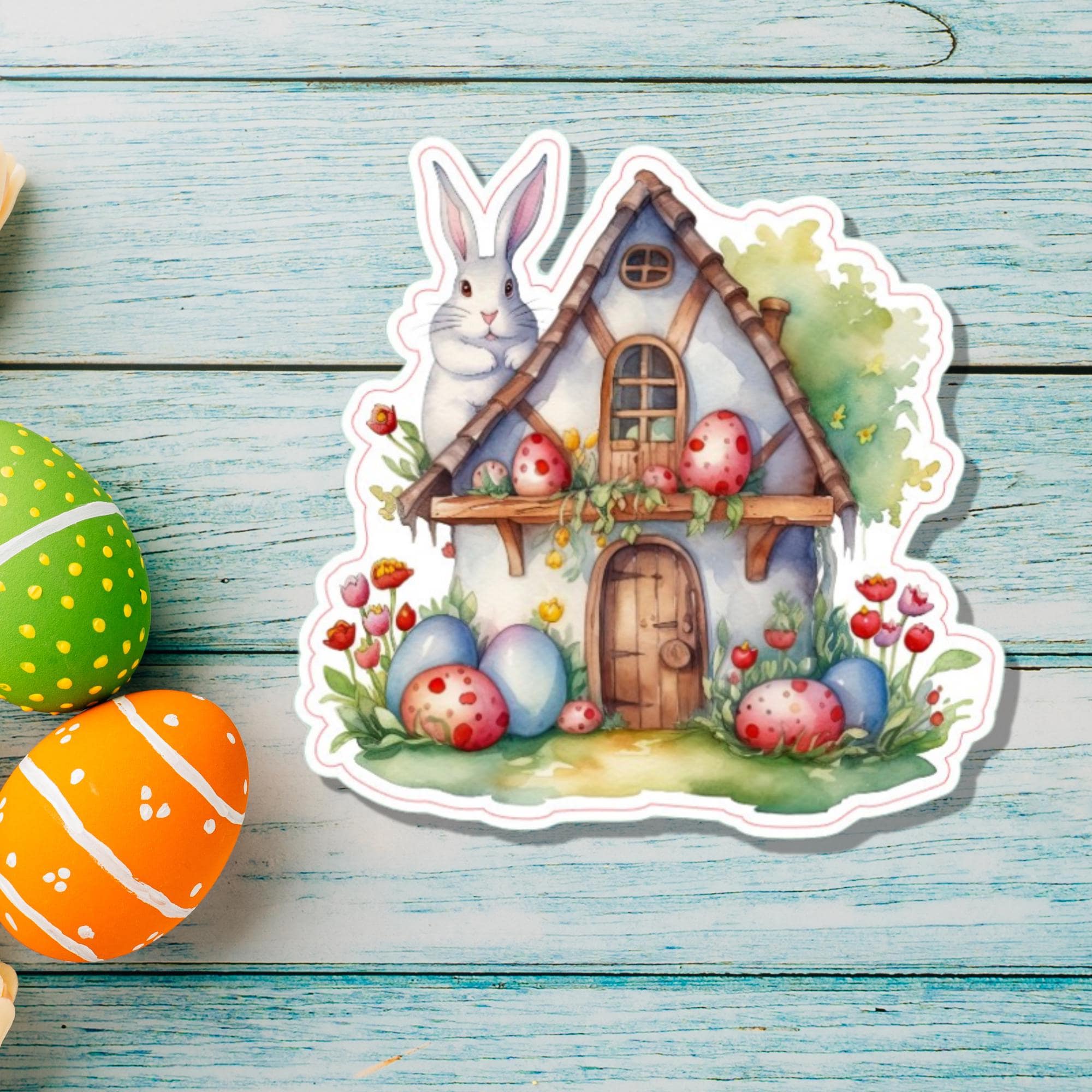 Aufkleber Ostern großer 8 cm Sticker Osterhaus Deko Osterfest Geschenkaufkleber Häuschen - zur Auswahl in Weiß oder Transparent  #SEG8