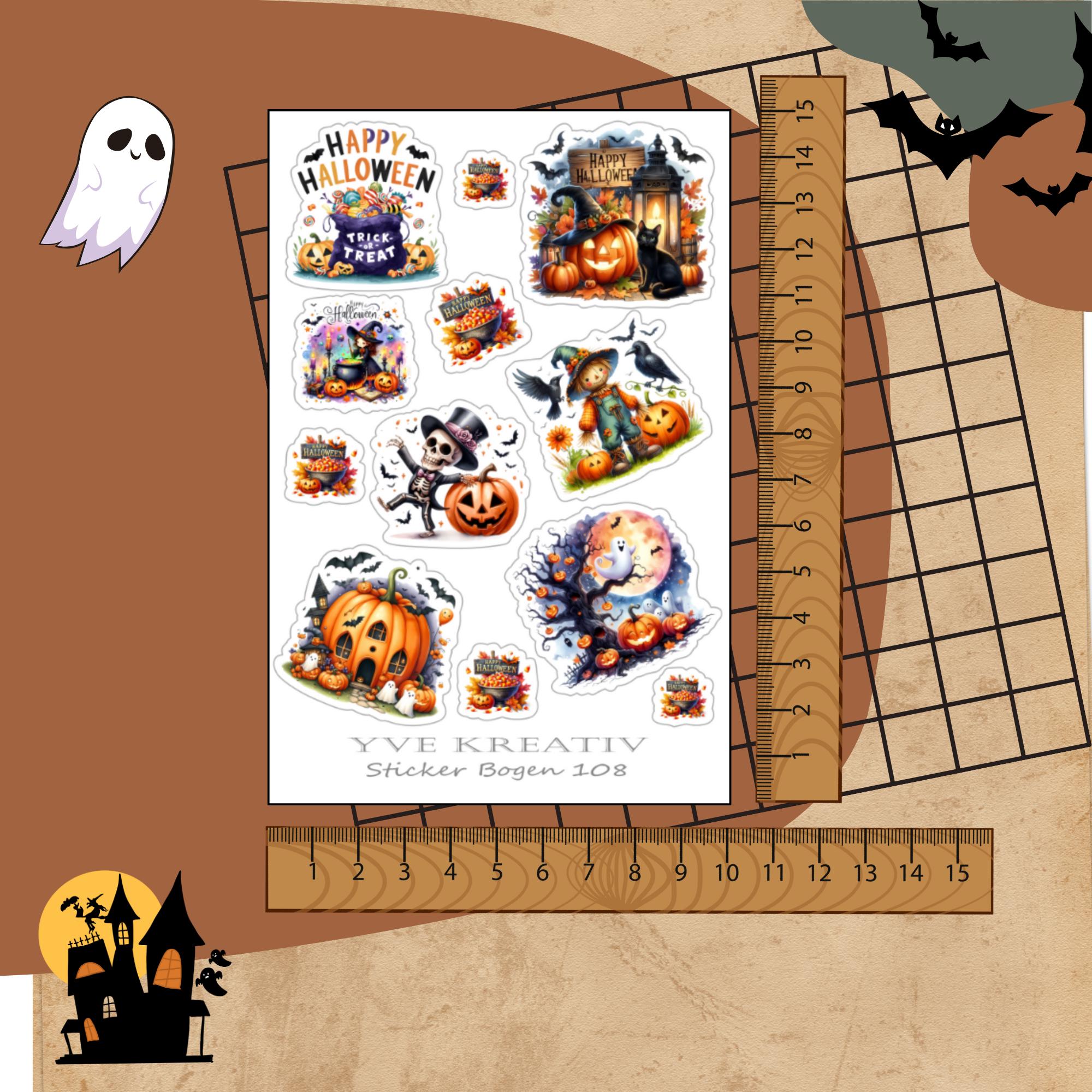 Halloween Stickerbogen, Grusel Aufkleber, Kürbis und Vampire Sticker Set, 3 Bögen zur Auswahl in Weiß - Transparent - Matt - Glanz  #SBA6