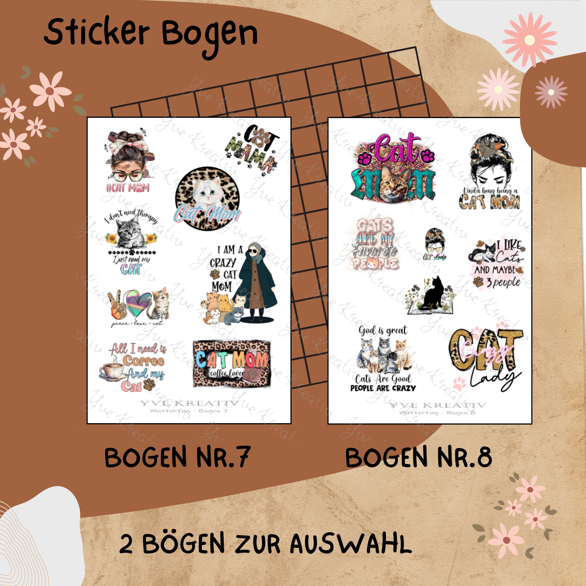 Sticker Bogen "Muttertag Katzen Mama" | Sticker Set - Aufkleber 2 Stickerbogen zur Auswahl in Weiß - Transparent - Matt - Glanz