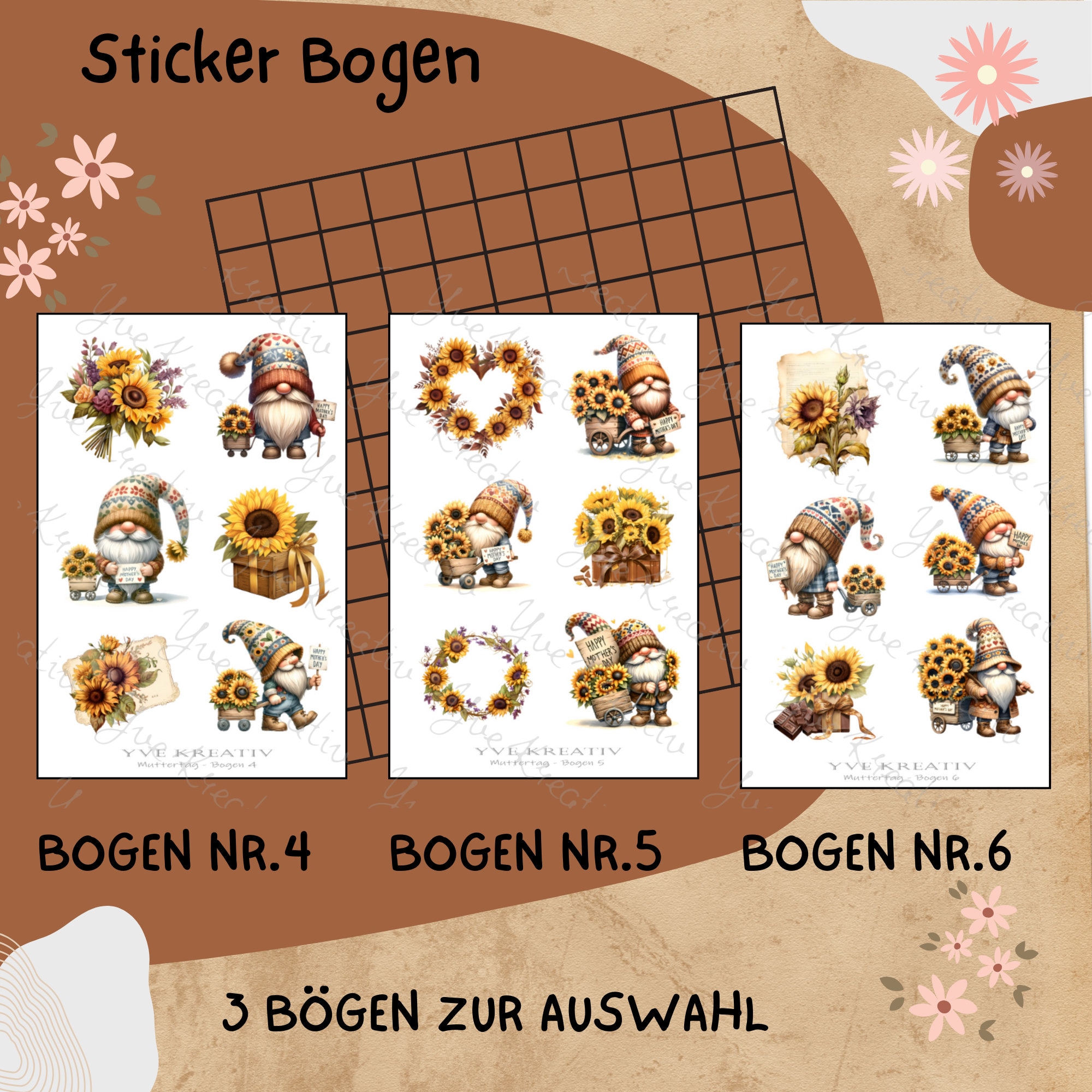 Sticker Bogen "Muttertag Sonnenblumen Wichtel" | Sticker Set - Aufkleber 3 Stickerbogen zur Auswahl in Weiß - Transparent - Matt - Glanz