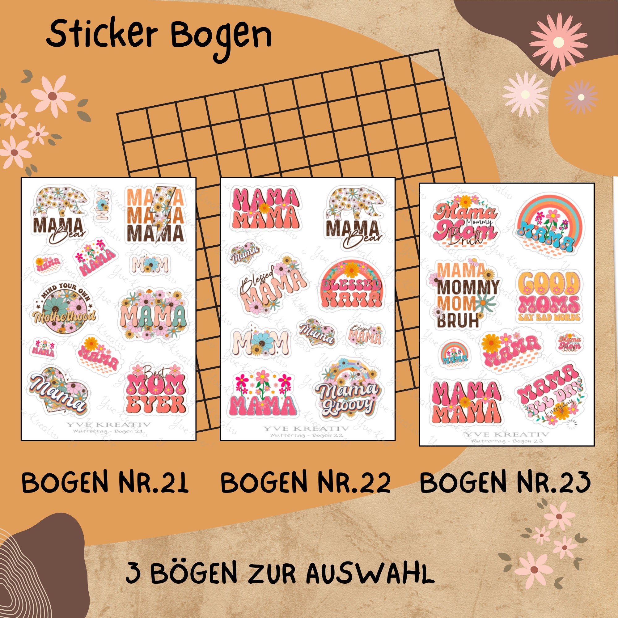 Sticker Bogen " Muttertag Best Mom " | Sticker Set - Aufkleber 3 Stickerbogen zur Auswahl in Weiß - Transparent - Matt - Glanz