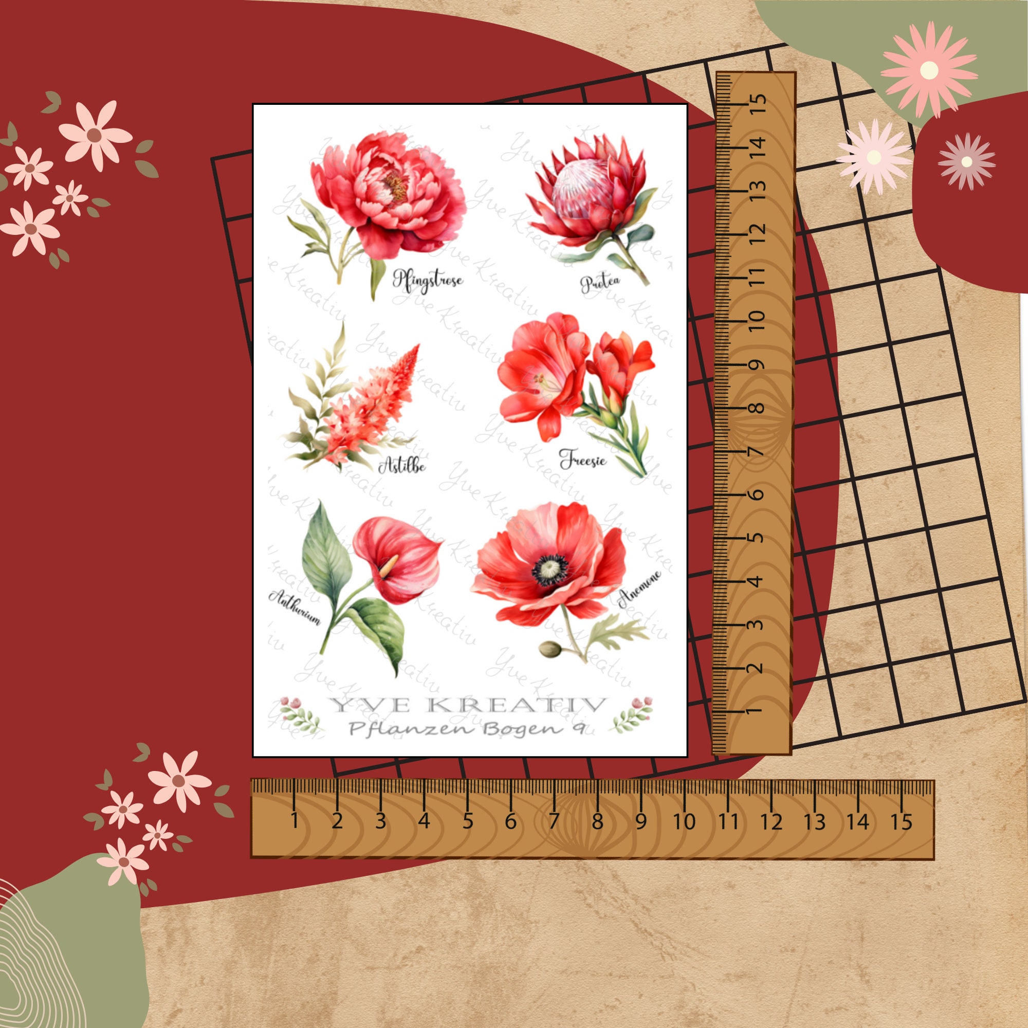 Sticker Bogen "Pflanzen Pflanzenkunde Blumen Rot " | Set - Aufkleber 2 Stickerbogen zur Auswahl in Weiß - Transparent - Matt - Glanz