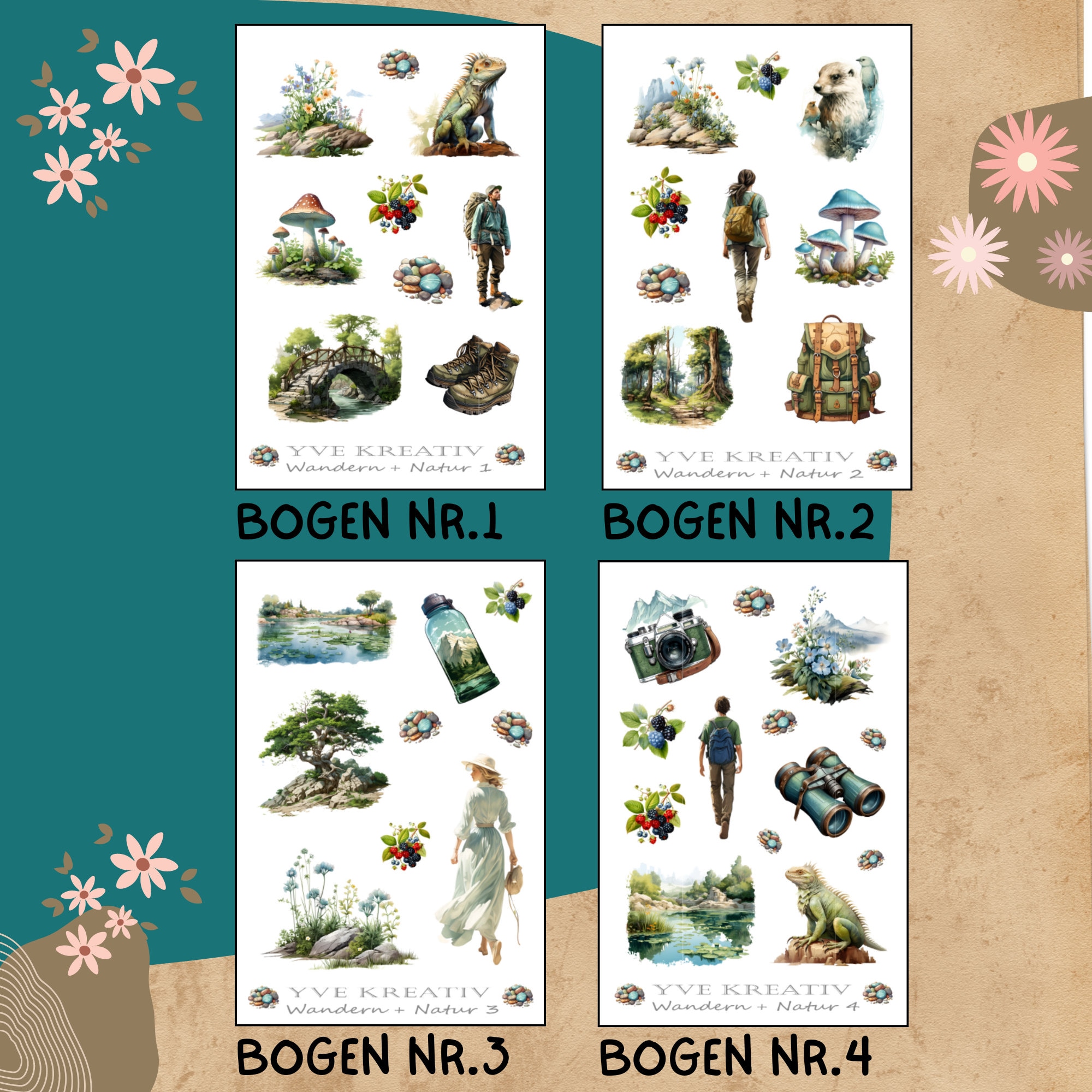Stickerbogen " Urlaub Reisen Wandern Natur " | Sticker Set - Aufkleber 4 Bögen zur Auswahl in Weiß - Transparent - Matt - Glanz  #SBA6