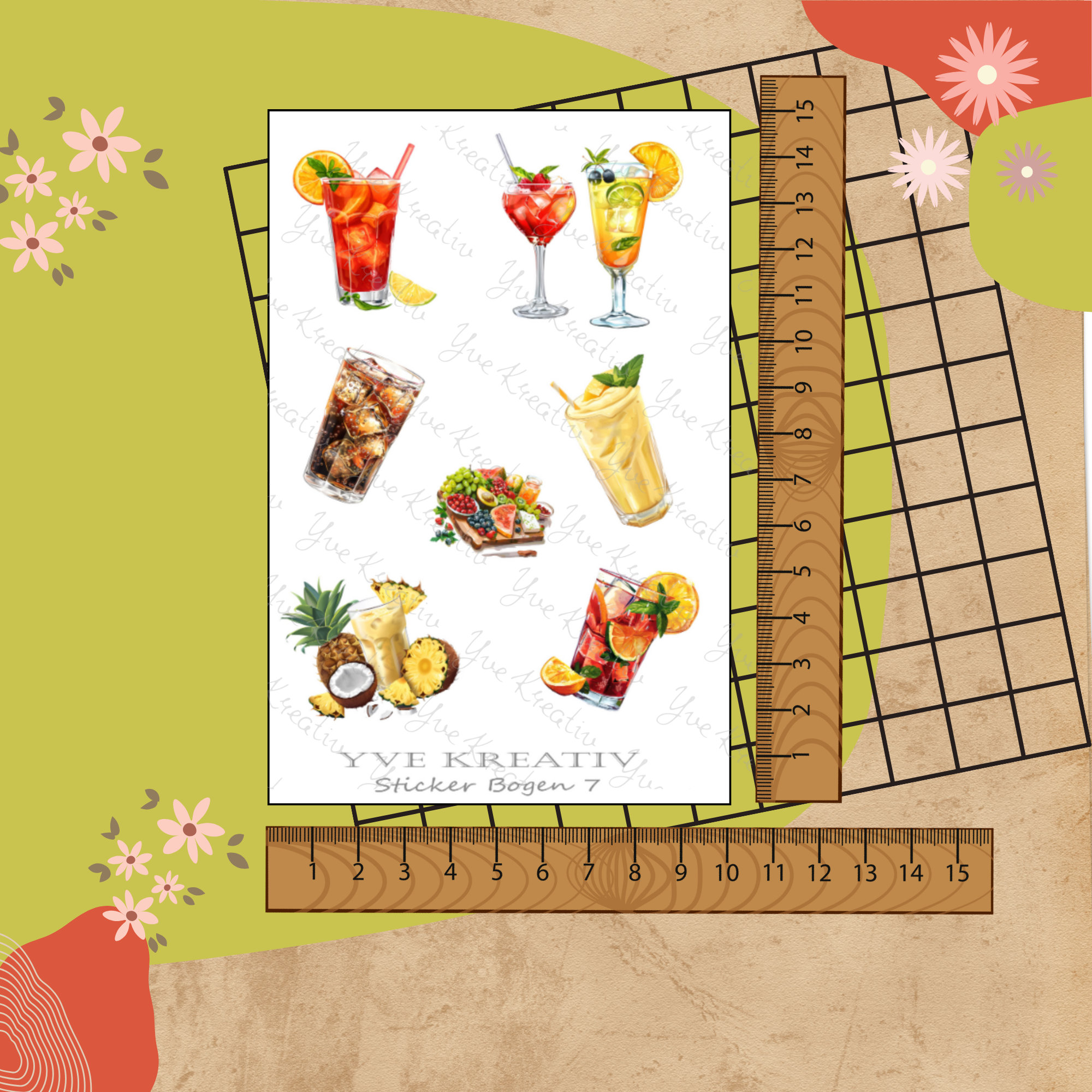 Sticker Bogen " Sommer Cocktail Party " | Sticker Set - Aufkleber 3 Stickerbogen zur Auswahl in Weiß - Transparent - Matt - Glanz  #SBA6