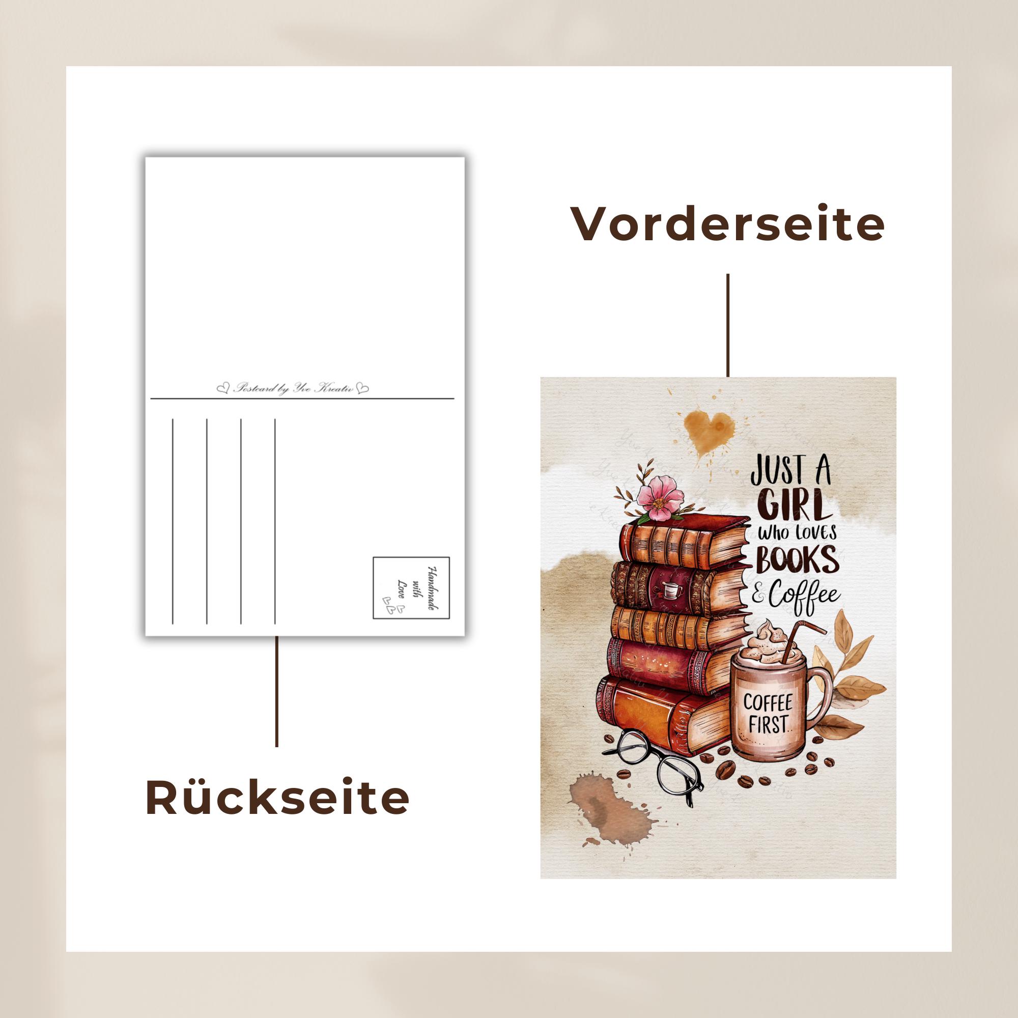 Postkarte Grußkarte Karte zum Geburtstag Bücher Lesen zum Buchgeschenk Kaffee Gutschein  #PLS