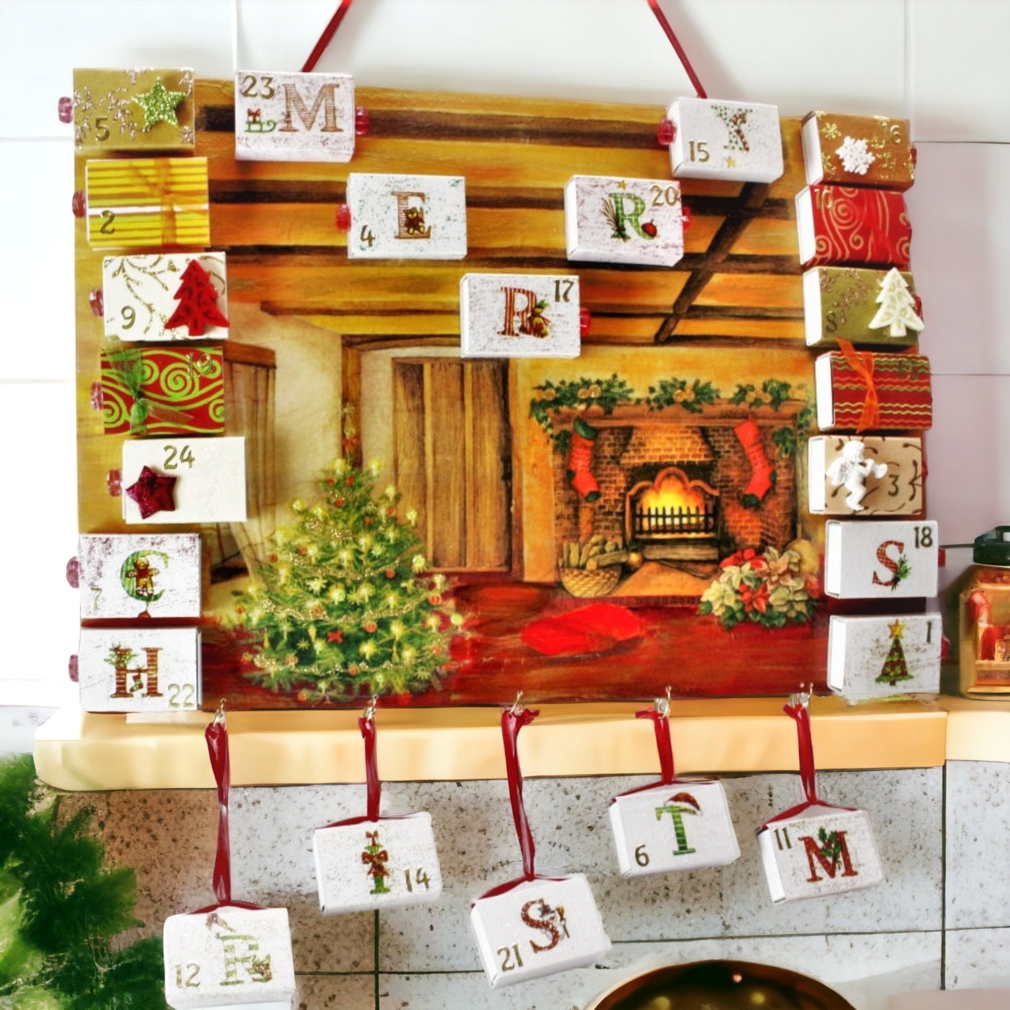 Adventskalender aus 24 Streichholzschachteln / Wandbild zu Weihnachten / x-mas zum Befüllen
