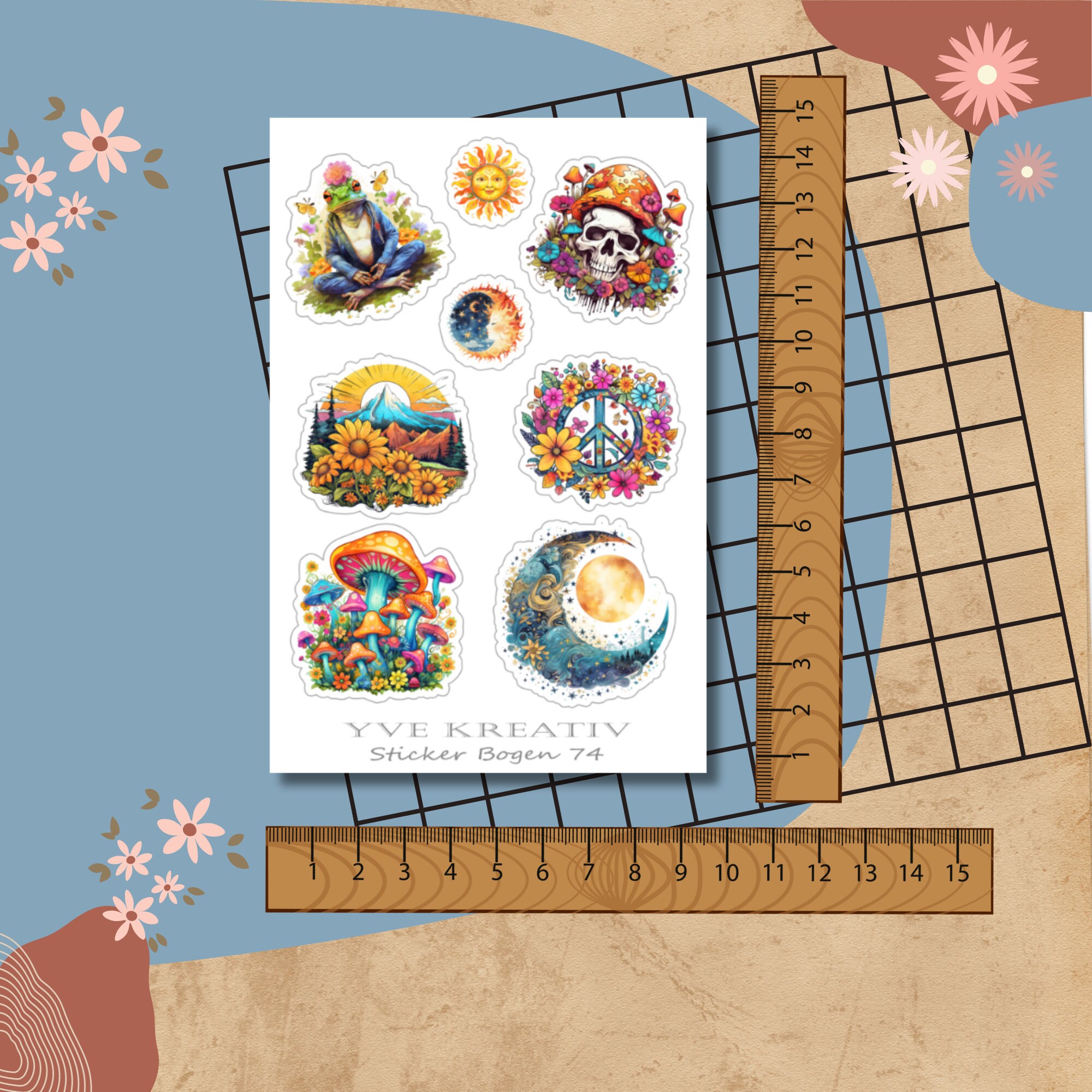 Sticker Bogen, Aufkleber - Peace, Love, Hippie | Sticker Set - 3 Stickerbogen zur Auswahl in Weiß - Transparent - Matt - Glanz  #SBA6