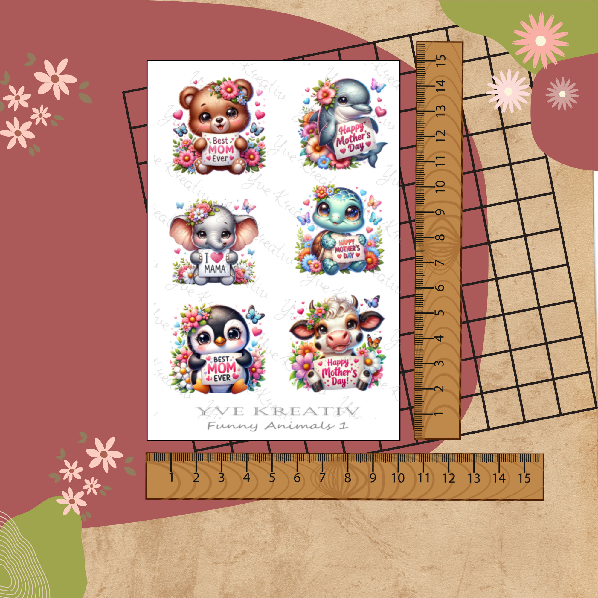 Sticker Aufkleber "Niedliche Tiere zum Muttertag" | Sticker Set - 3 Stickerbogen zur Auswahl in Weiß - Transparent - Matt - Glanz #SBA6