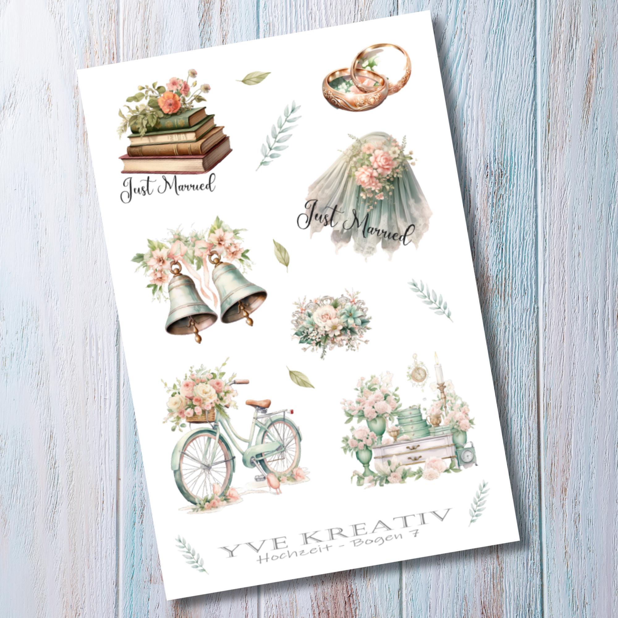 Aufkleber Hochzeit Sticker Bogen Hochzeitsfeier Stickerbogen zur Auswahl in Weiß - Transparent - Matt - Glanz  #SBA6