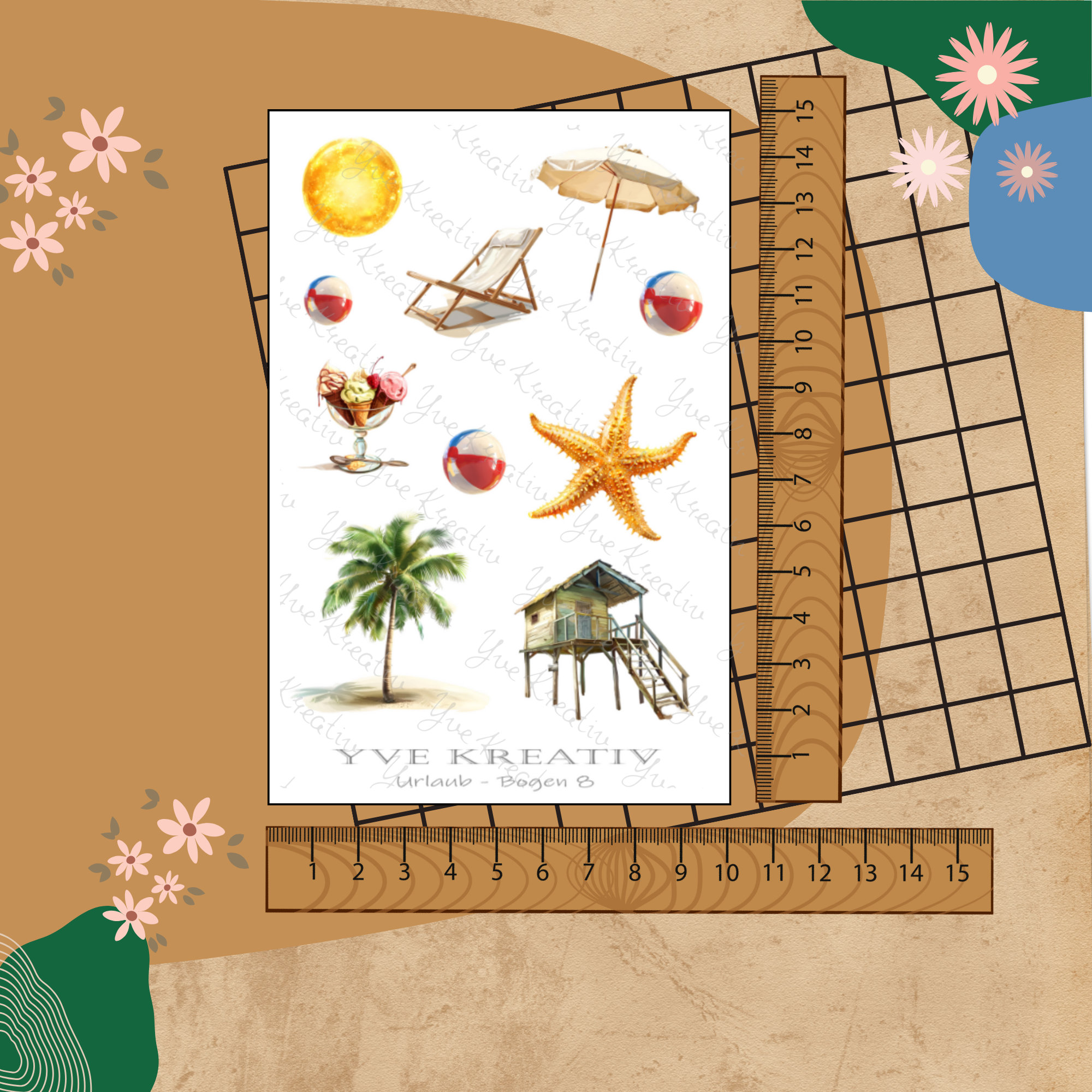 Sticker Bogen " Urlaub Insel Strand Palmen Sand " | Sticker Set - Aufkleber 3 Stickerbogen zur Auswahl in Weiß - Transparent - Matt - Glanz