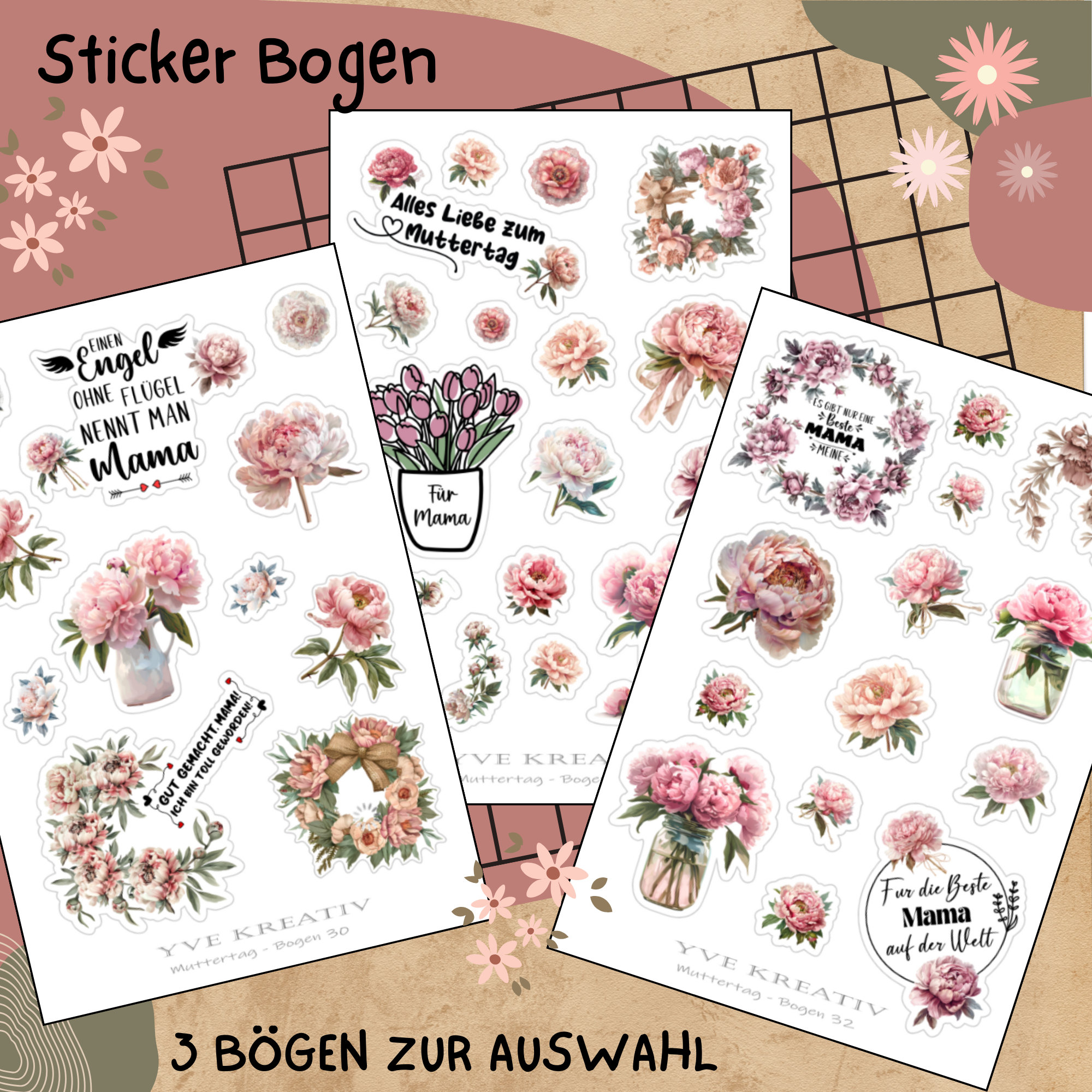 Sticker Bogen " Muttertag Nostalgie Pfingstrose " | Sticker Set - Aufkleber 3 Stickerbogen zur Auswahl in Weiß - Transparent - Matt - Glanz