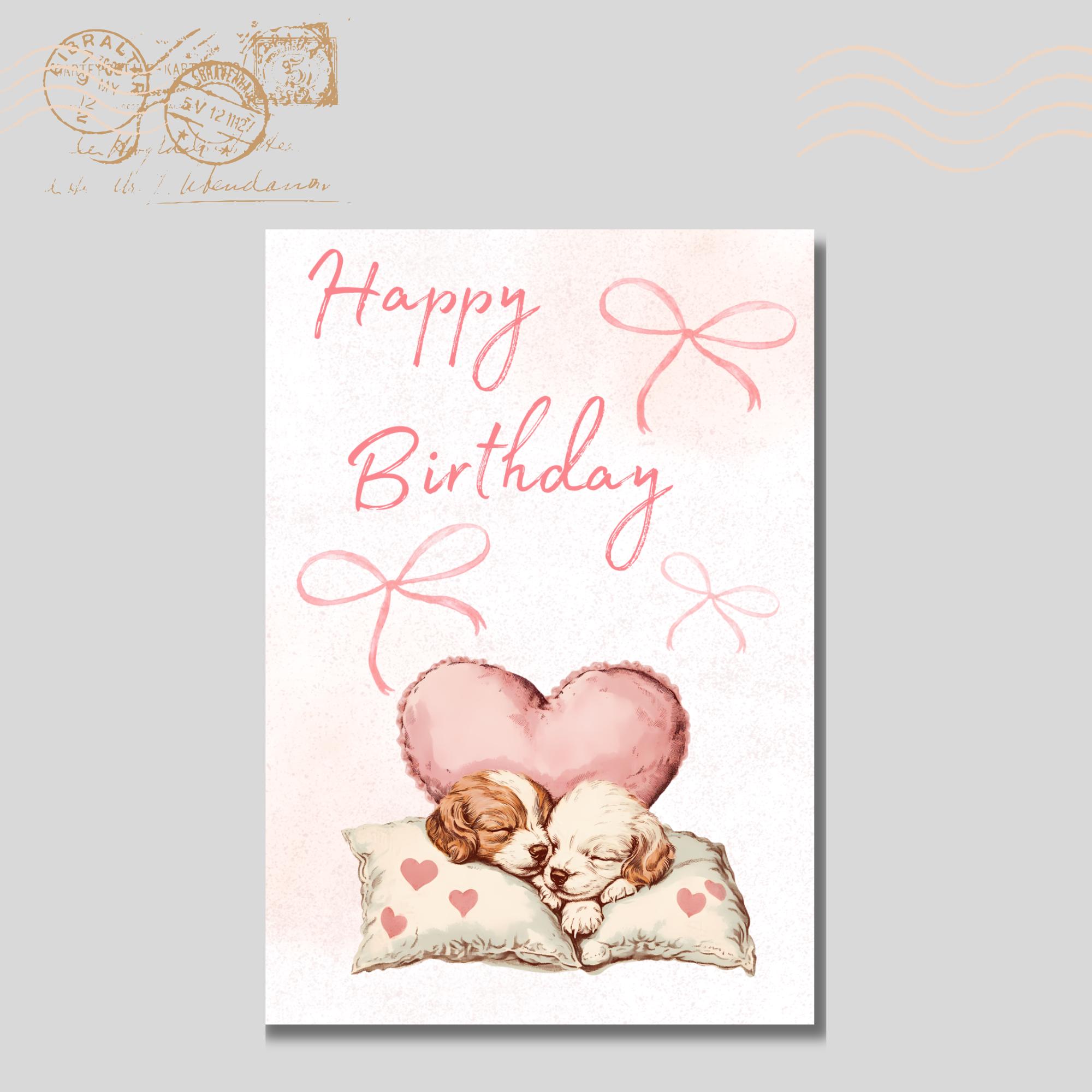 Postkarte zum Geburtstag, Grußkarte, Karte mit Hunden Welpen, Grußkarte Happy Birthday in DIN A6 auf Papier mit Leinenstruktur #PLS
