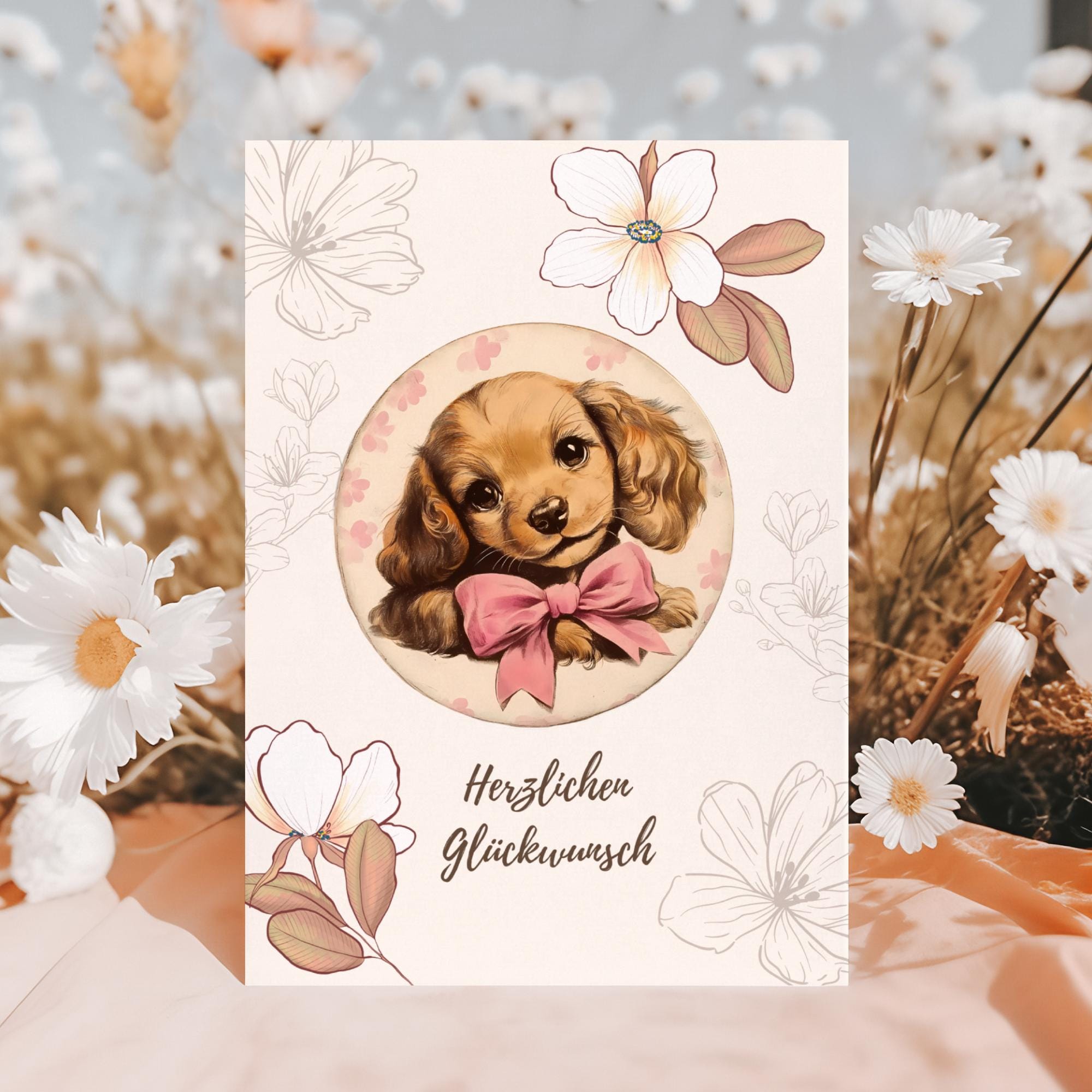 Postkarte zum Geburtstag, Grußkarte, Karte mit Hund, Grußkarte Herzlichen Glückwunsch in DIN A6 auf Papier mit Leinenstruktur #PLS