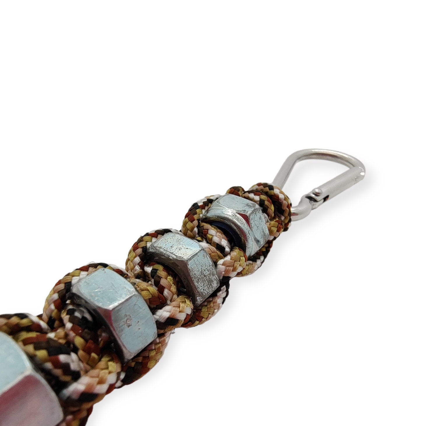 Schlüsselanhänger mit Schraubenmuttern handgeknotet aus Paracord mit Karabiner + Schlüsselring / Schwarz- Beige