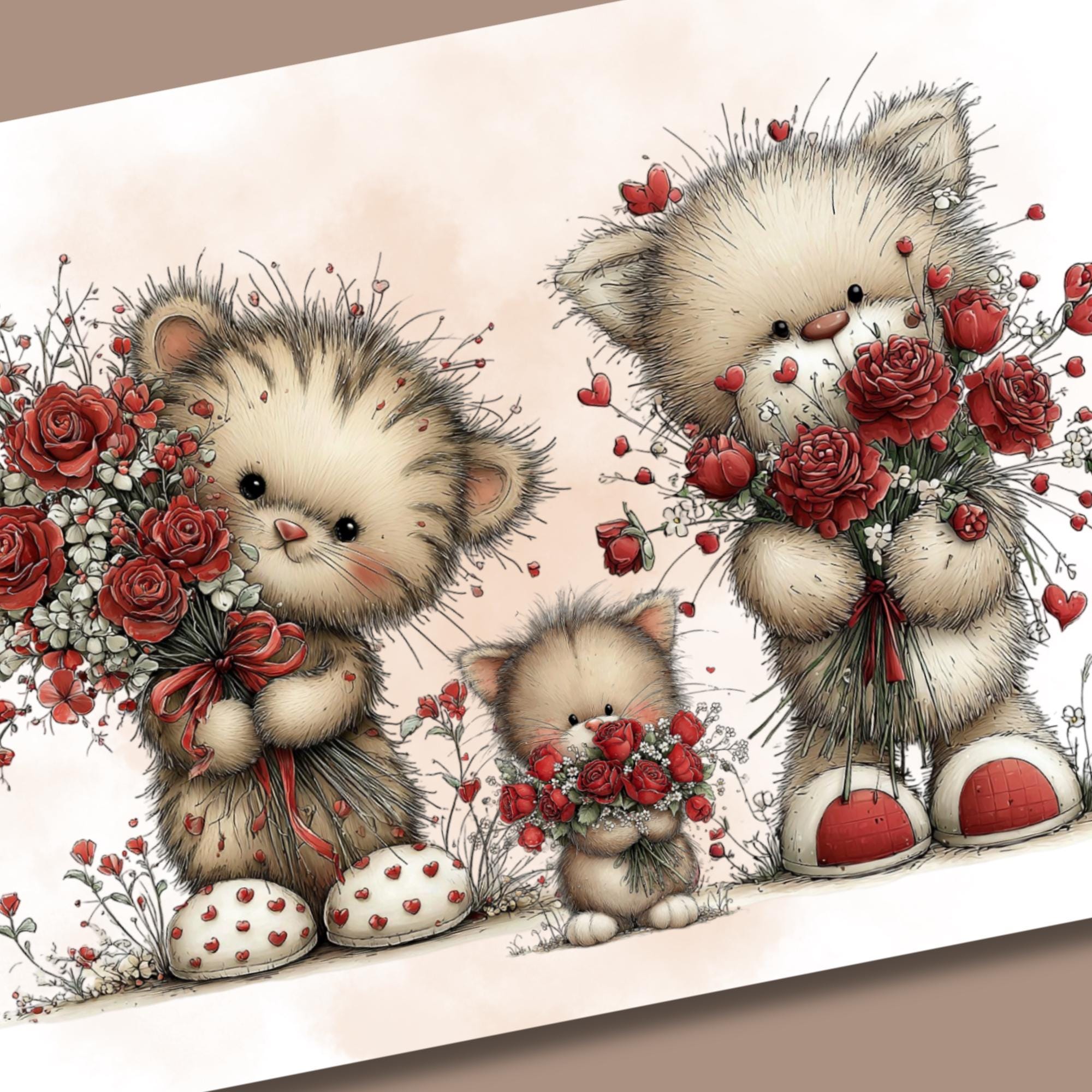 Postkarte zum Geburtstag oder Valentinstag Grußkarte für Katzenliebhaber niedliche Karte für liebe Grüße Katzen mit Rosenstrauß #PT5