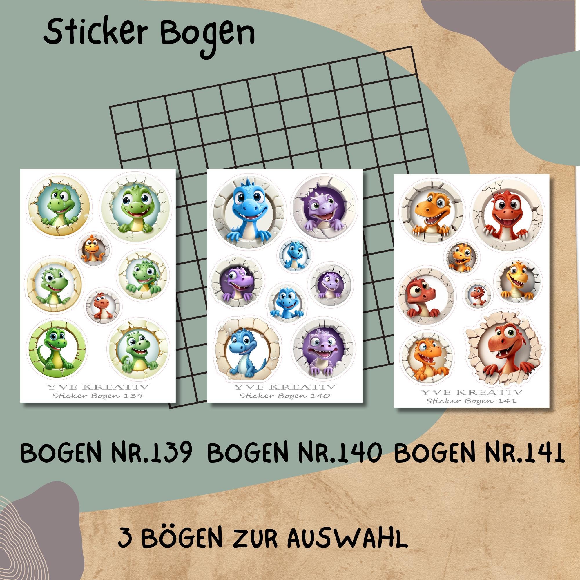 Aufkleber, Stickerbogen, Sticker Funny Dinos | Sticker Set - 3 Bögen zur Auswahl in Weiß - Transparent - Matt - Glanz  #SBA6