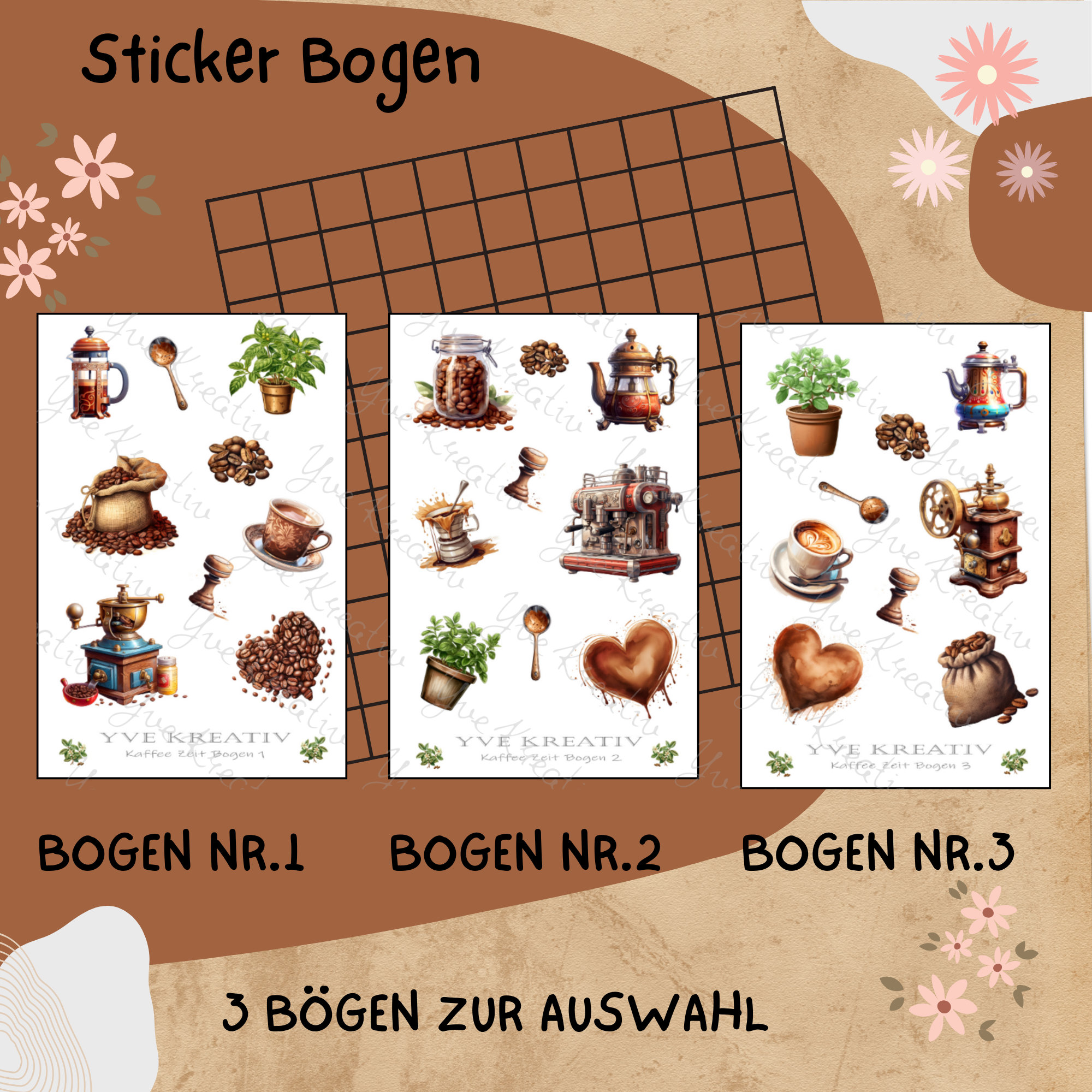 Aufkleber Sticker Bogen Kaffee - Zeit für Dich | Sticker Set - 3 Stickerbogen zur Auswahl in Weiß - Transparent - Matt - Glanz  #SBA6