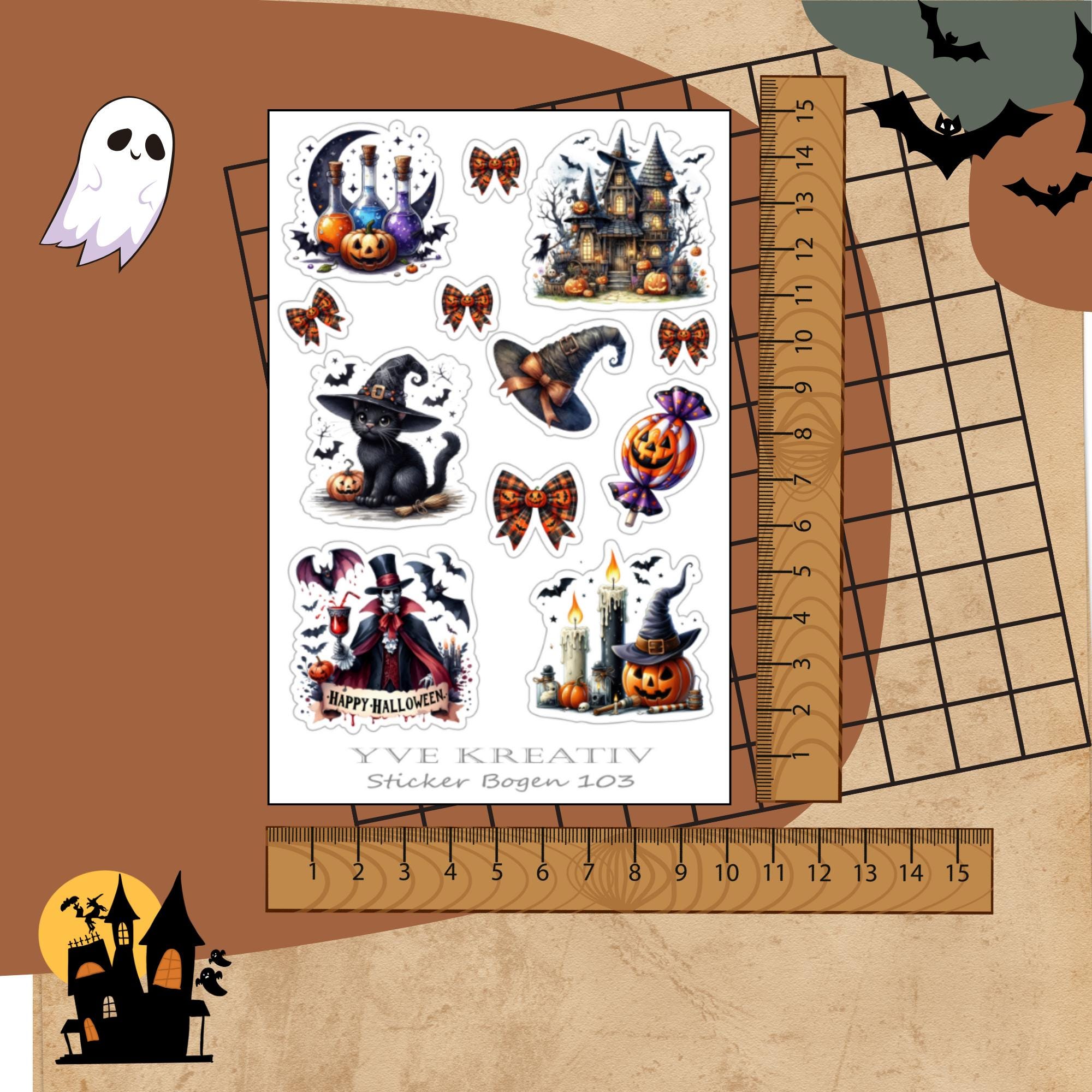 Halloween Sticker Bogen, Grusel Aufkleber, Kürbis und Vampire Set, 3 Stickerbogen zur Auswahl in Weiß - Transparent - Matt - Glanz  #SBA6