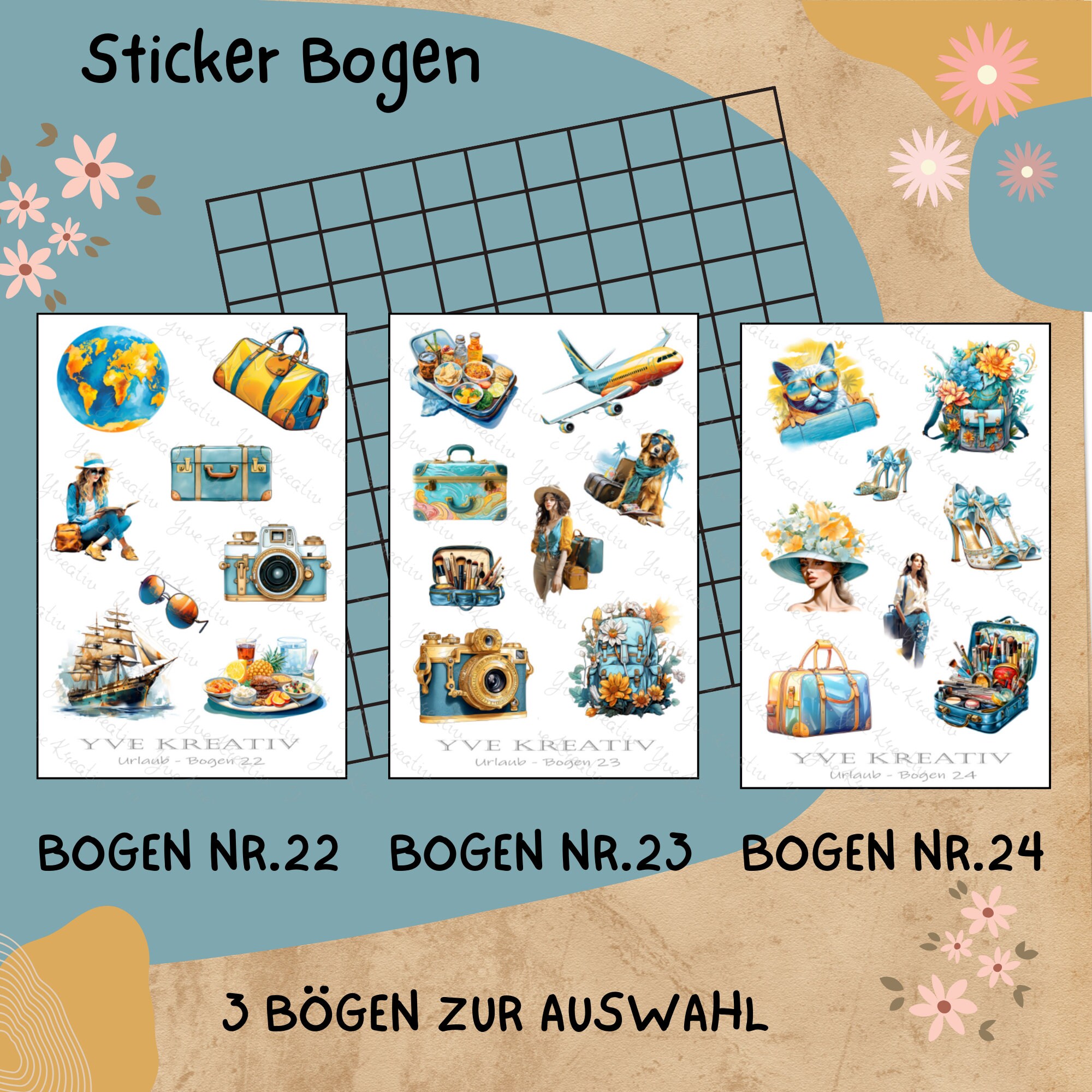 Sticker Bogen " Urlaub Reisen Fernweh " | Sticker Set - Aufkleber 3 Stickerbogen zur Auswahl in Weiß - Transparent - Matt - Glanz