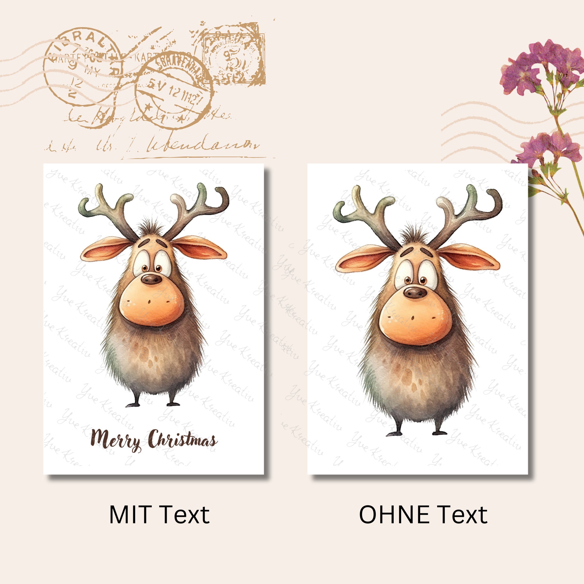 Postkarte, Grußkarte, Weihnachten, Rentier, Weihnachtskarte, Geschenkkarte I MIT oder OHNE Text "Merry Christmas"  #PLS