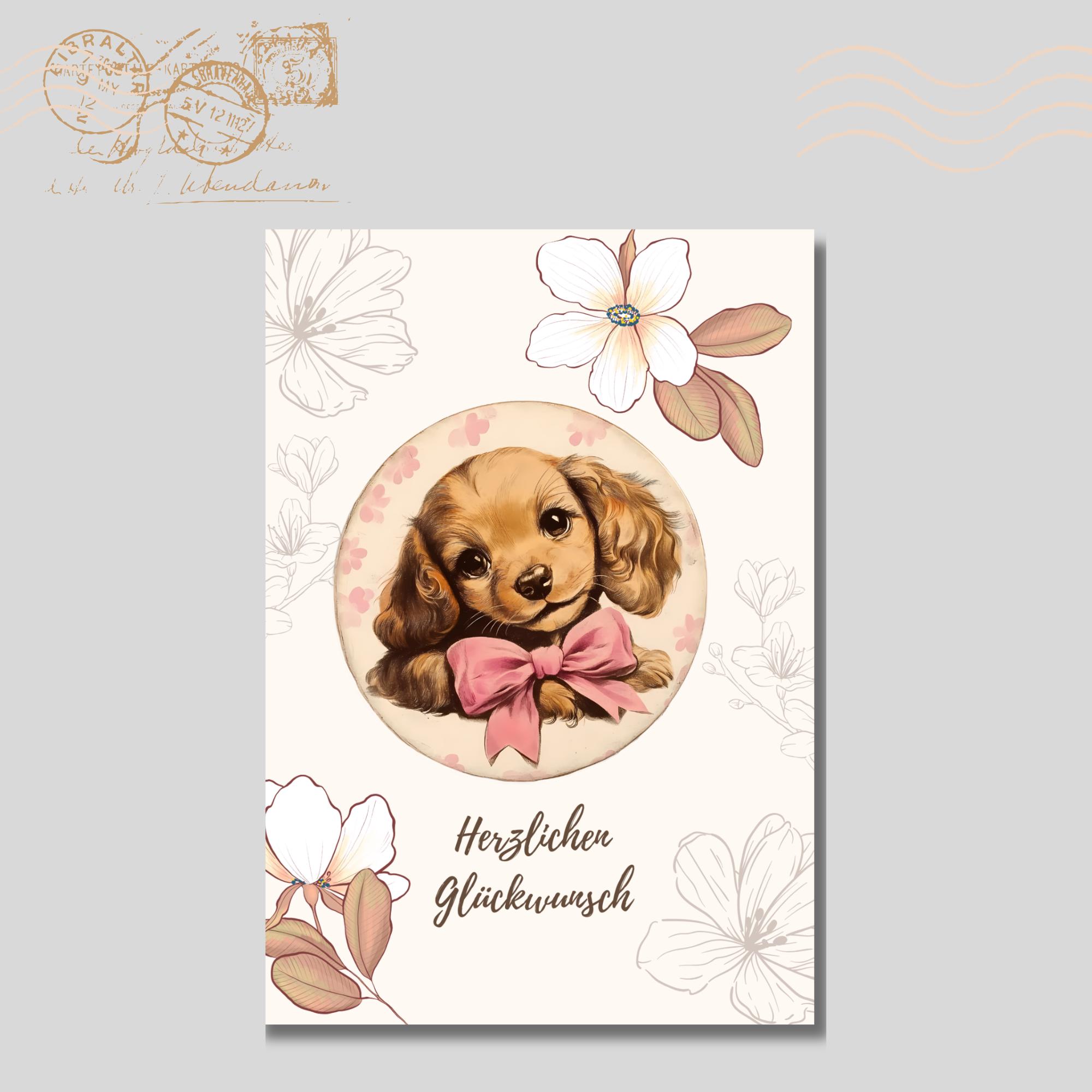 Postkarte zum Geburtstag, Grußkarte, Karte mit Hund, Grußkarte Herzlichen Glückwunsch in DIN A6 auf Papier mit Leinenstruktur #PLS